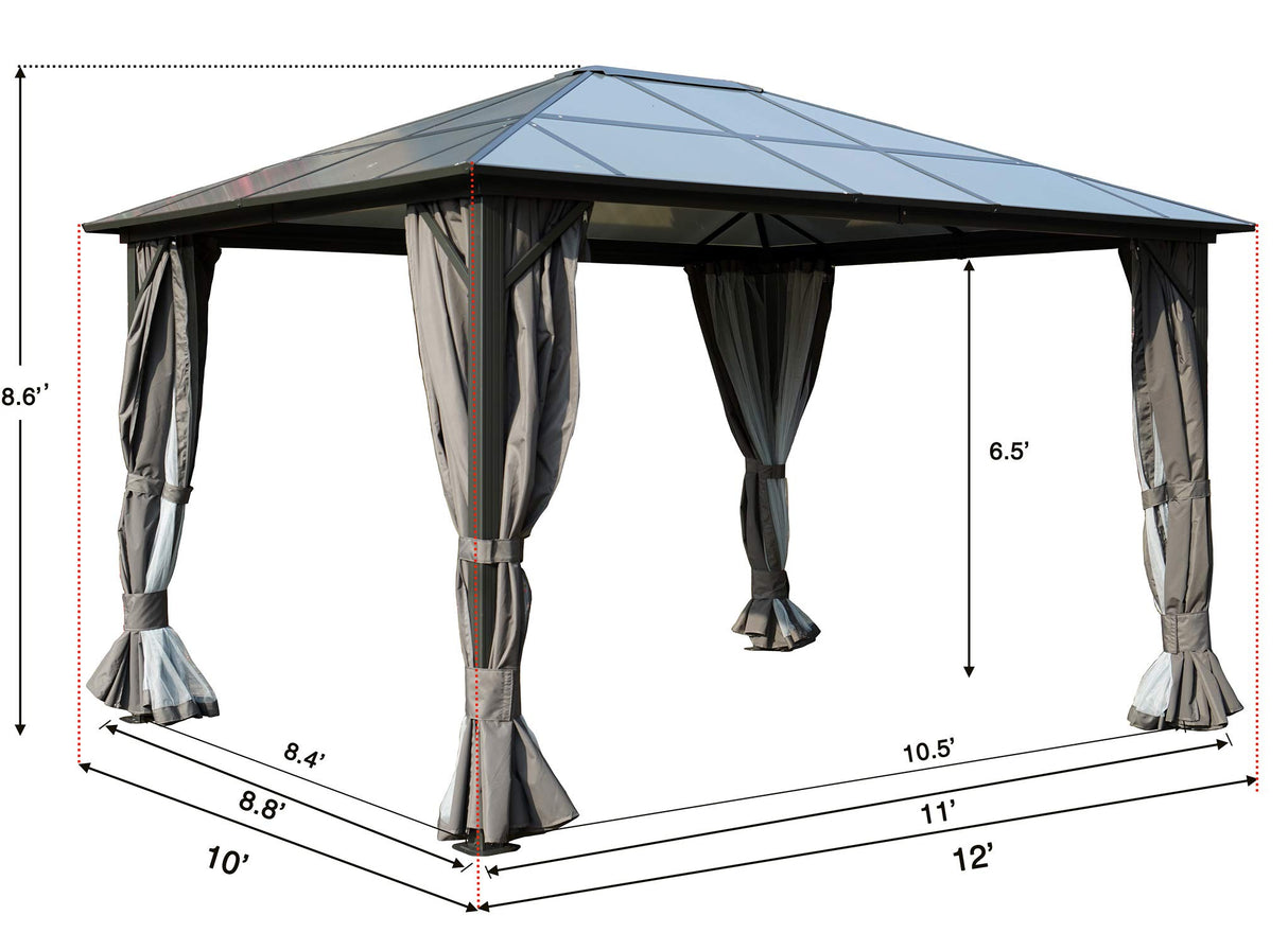 Kozyard Permanent Aluminum Hardtop Gazebo with Composite Polycarbonate Top for Outdoor Patio Lawn and Garden, Curtains and Netting Included (Edward 10ftx12ft) Kozyard