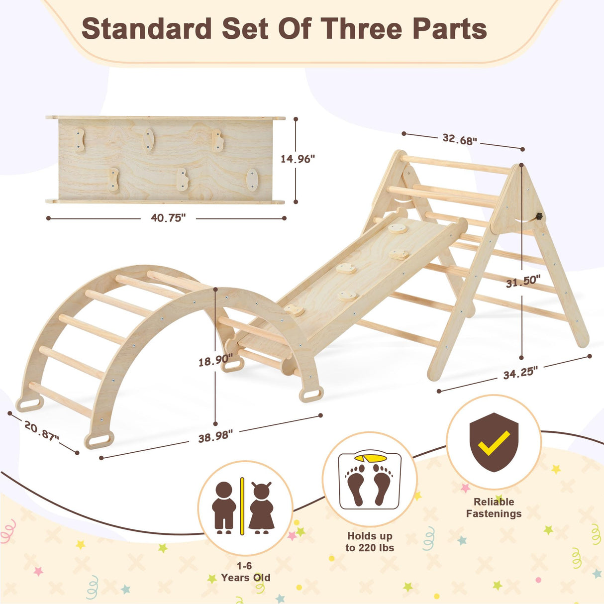 Pikler Triangle Set, Foldable Climbing Play Gym with Arch, Ramp, and Climbing Triangle, Wodden Toddler Climbing Toys Indoor, Montessori Learning Toy for Kids 2-12 Years OLLIKIVI