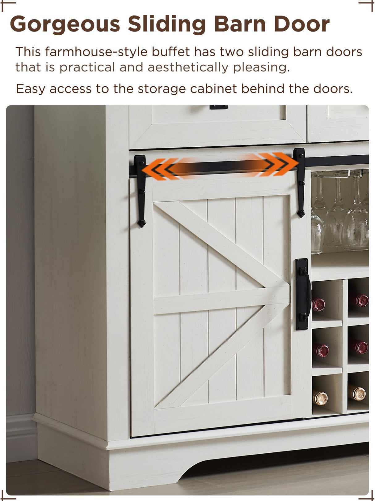 OKD 54" Farmhouse Buffet Cabinet with Storage, Large Kitchen Coffee Bar w/Sliding Barn Door, Wine & Glass Rack, Rustic Wine Bar Sideboard Table w/ 3 Drawers, Storage Shelves, Antique White OKD
