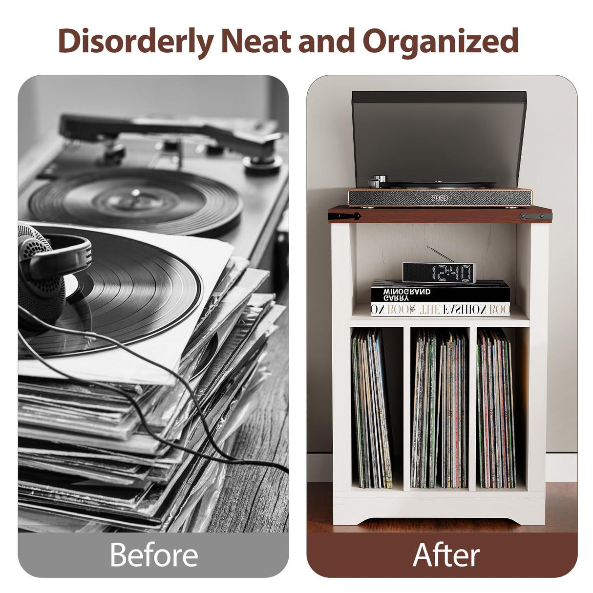 BEWISHOME Record Player Stand, Wood Turntable Stand with Vinyl Record Storage Up to 160 Albums, Farmhouse Record Player Table for Living Room Bedroom, White KCZ01W BEWISHOME