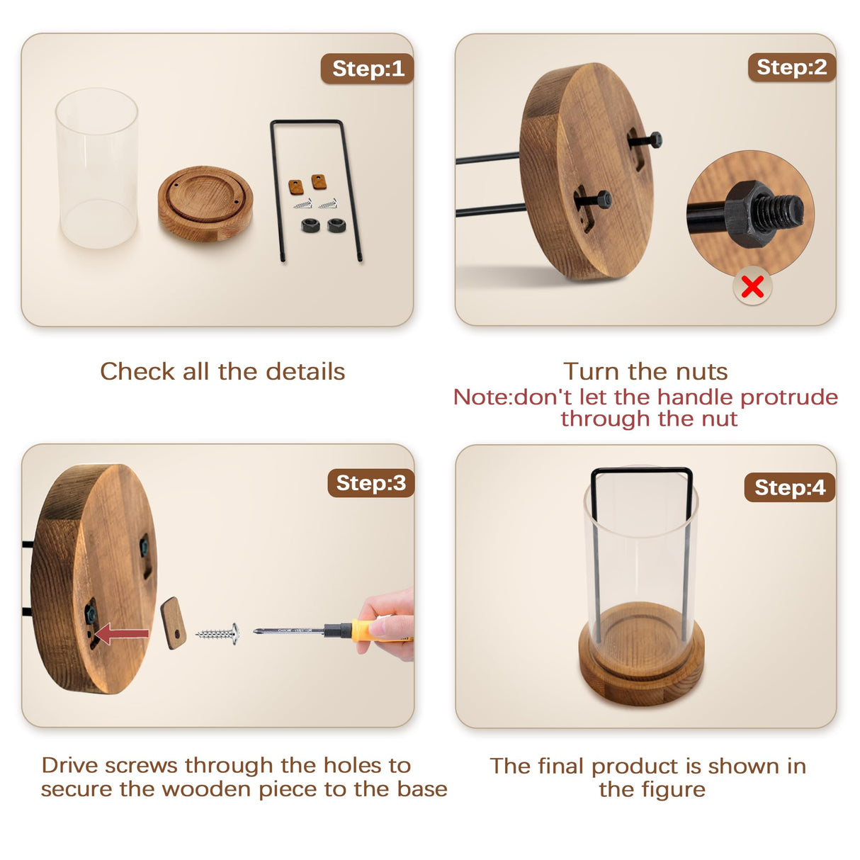 Houmury Set of 2 Hurricane Candle Holders Lantern 12” & 10”with Wood Base Metal Handle Glass Cylinder Modern Farmhouse Decor for Home Decoration, Table Centerpieces Houmury
