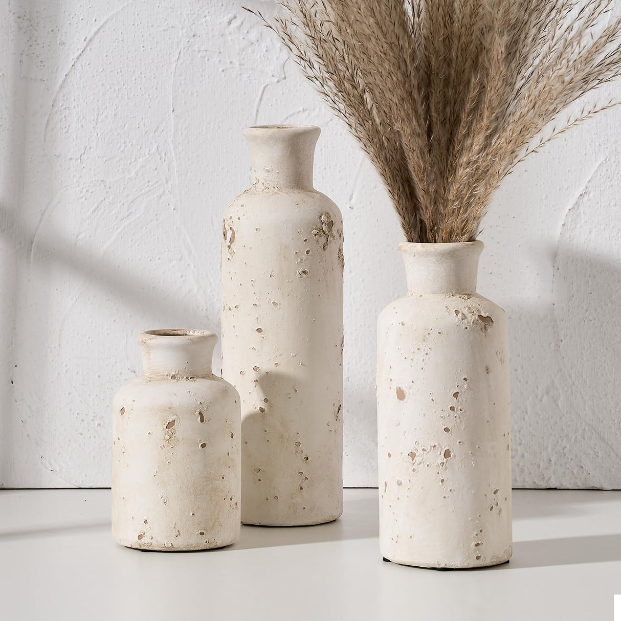 SIDUCAL Ceramic Rustic Farmhouse Vase Set of 3, Whitewashed Terracotta Vase, Pottery Vase,Clay Decorative Vases for Home Decor, Living Room, Shelf, Mantel Decoration(Rustic White) SIDUCAL