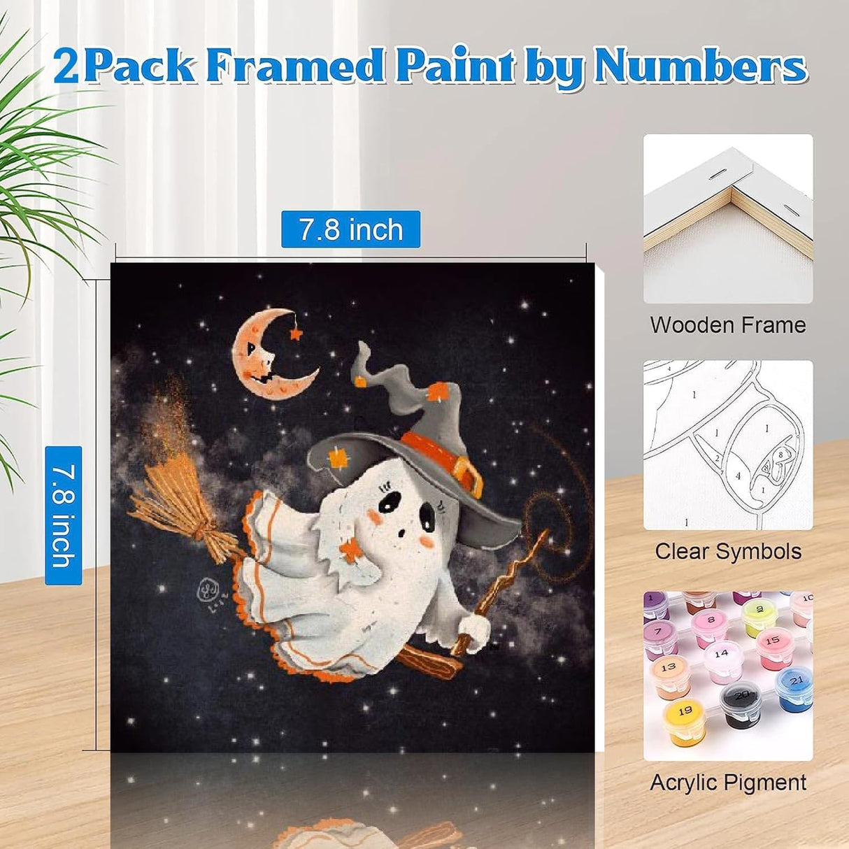 stnckic 2 Pcs Halloween Paint by Numbers Kits for Kids Framed,Ghosts Adults' Paint-by-Number Kits on Canvas Easy Acrylic Oil Painting by Number for Adults Halloween for Home Decor 8x8 inchs stnckic