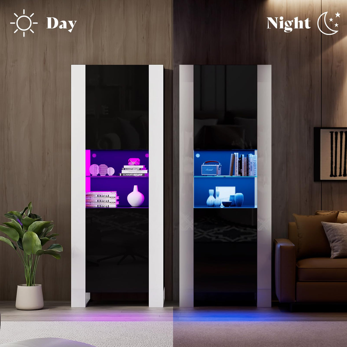 AMERLIFE Modern LED Bookcase, 68in Storage Cabinet with 6 Tiers for Storage & 3 Adjustable Shelves, High Glossy Display Case for Living Room, Home Office, Study Room, Black AMERLIFE