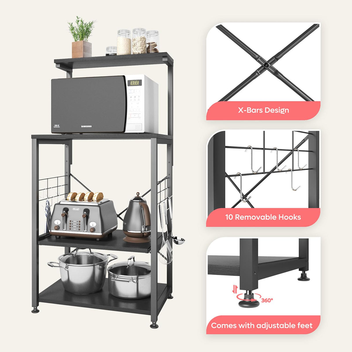 Bestier 4-Tier Black Kitchen Bakers Rack with Pull-Out Shelf & Hooks on Wheels Bestier