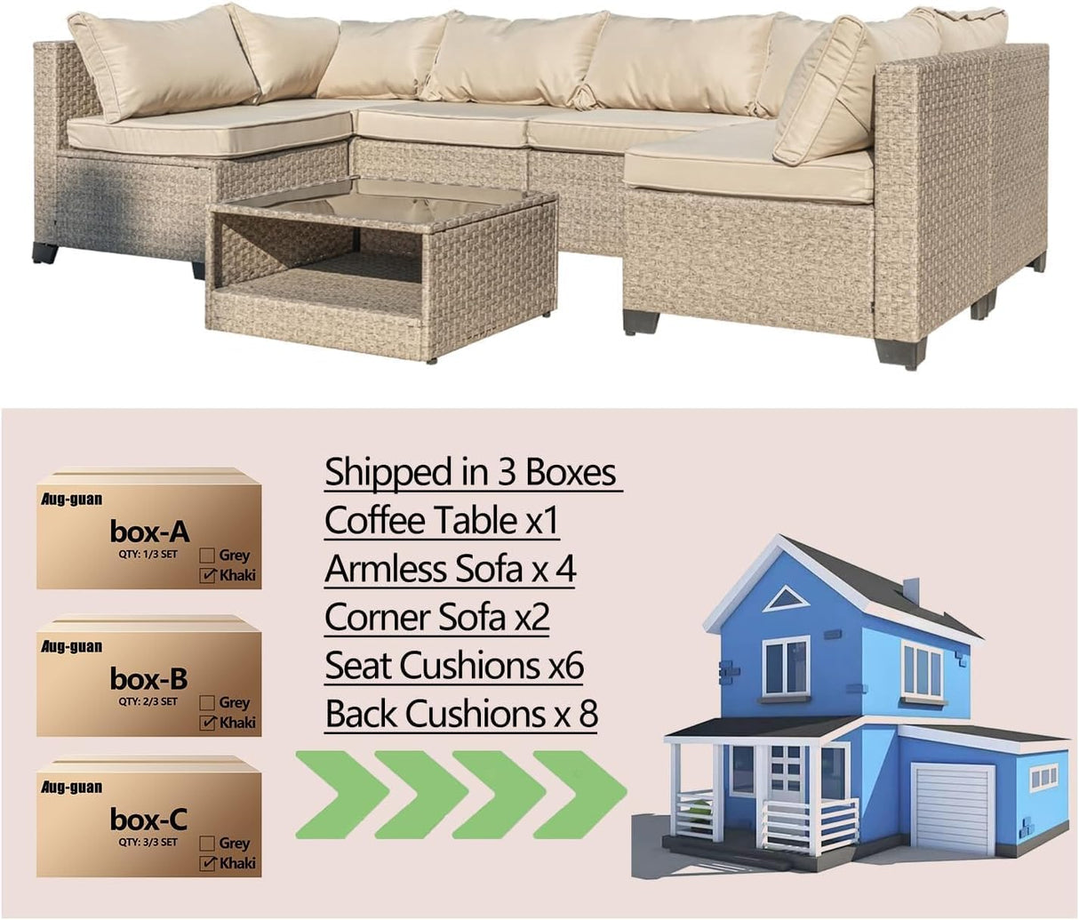 Aug-guan Patio Furniture Set 7-Piece, All-Weather Outdoor Conversation Set Sectional Sofa with Water Resistant Grey Thick Cushions and Coffee Table(Khaki) Aug-guan