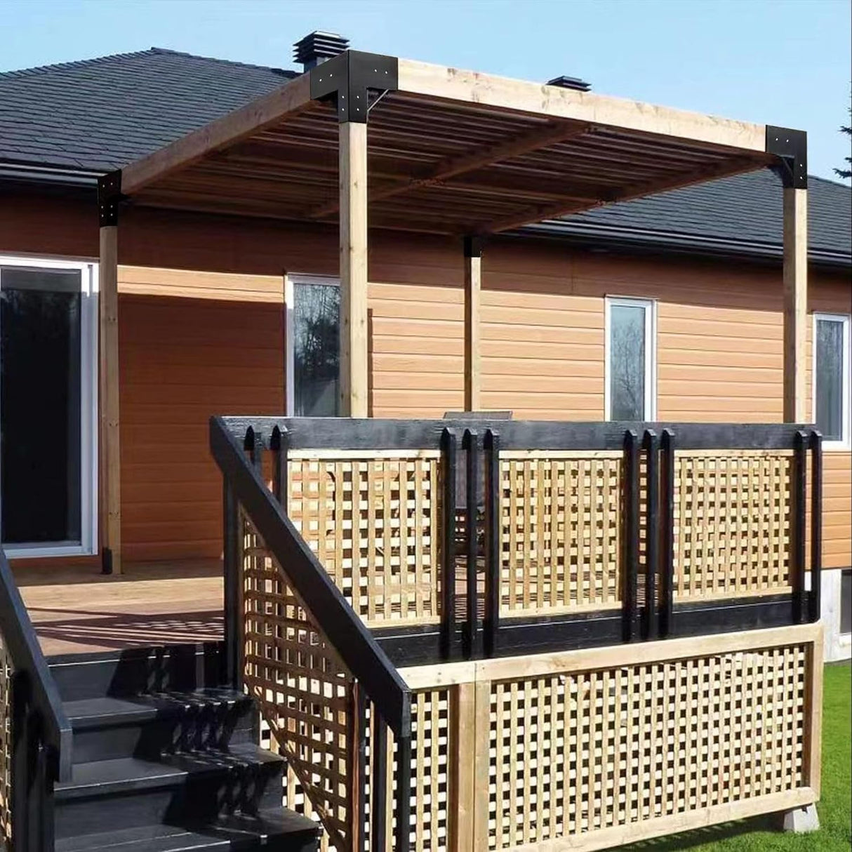 Pergola Brackets Kit 4x4, Woodworks DIY Pergola Kit 3-Way Right Angle Corner Bracket for Extension Elevated Wood Stand, Pergola Corner Brackets Goiiiusy