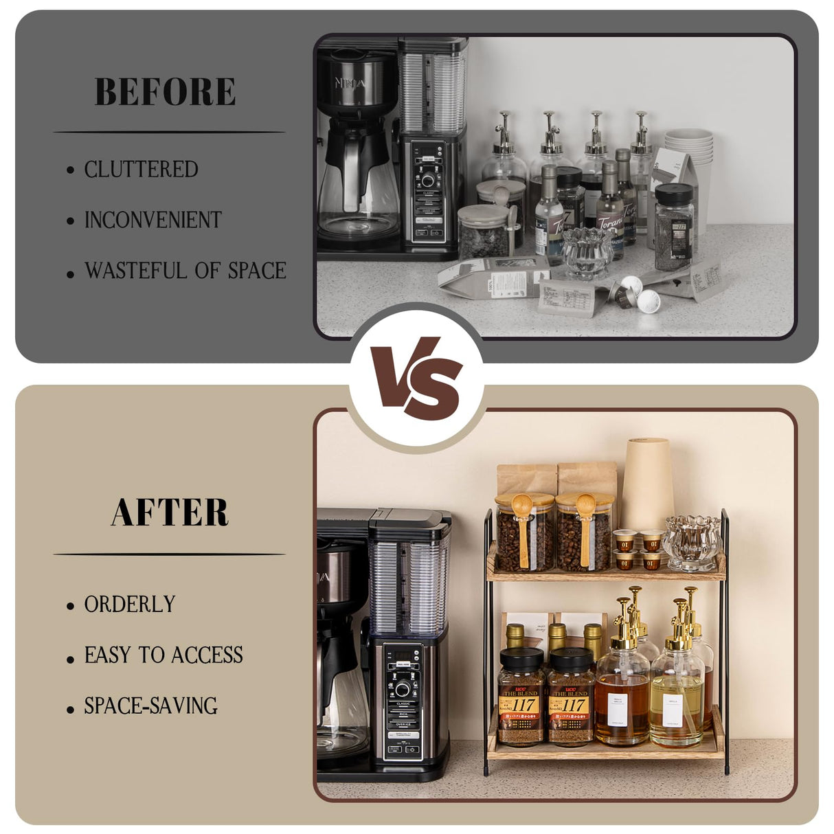 ANBOXIT Countertop Coffee Station Organizer, 2 Tier Wooden Shelf for Coffee Bar Accessories, Condiment Storage Caddy for Kitchen, Home, Office - Brown ANBOXIT