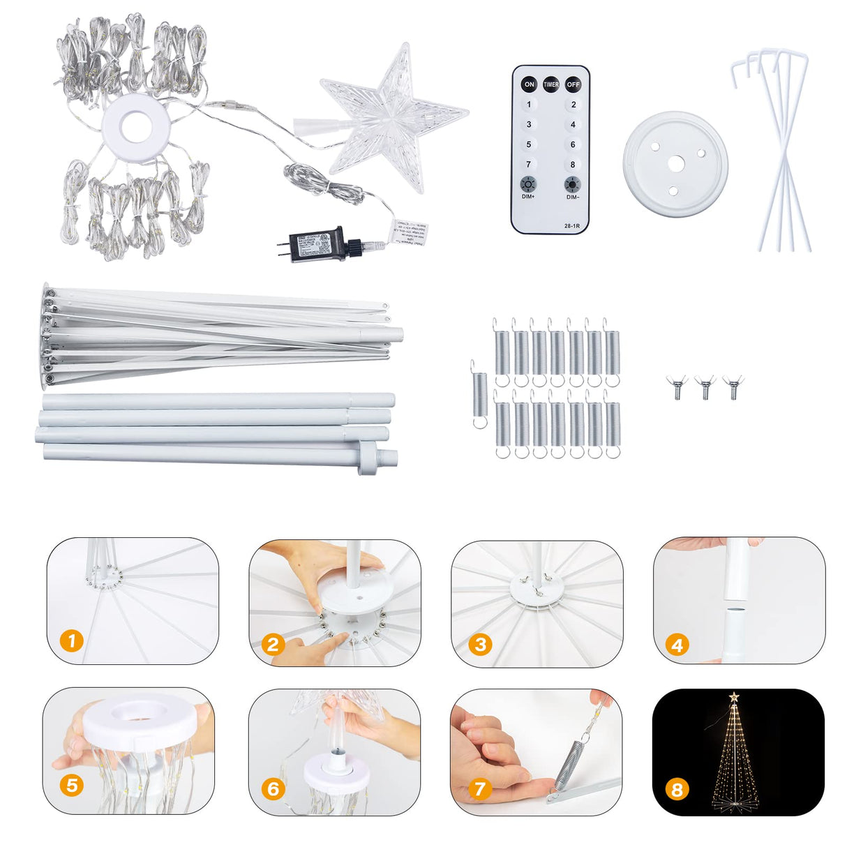 Christmas Cone Tree Light, 7.5ft 295 LED Light Show Christmas Tree with 8 Modes Timer Remote, Dimmable Artificial Christmas Tree for Porch Yard Patio Indoor Outdoor Xmas Holiday Decor, Warm White Brightown