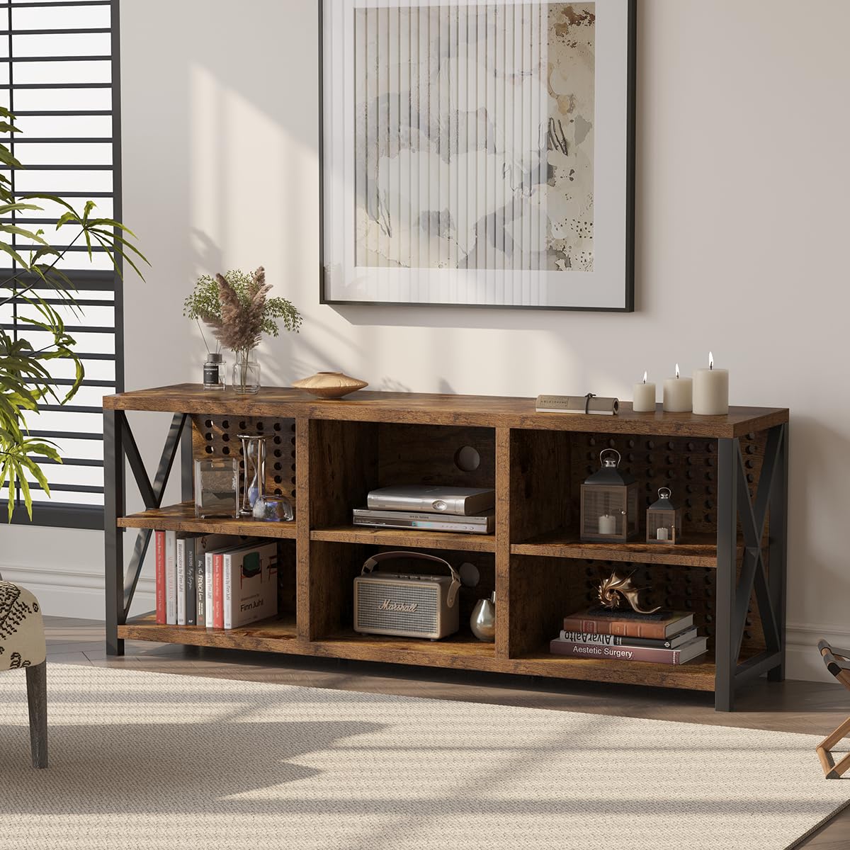 LVB TV Stand for 75 Inch TV, Industrial Wood and Metal Entertainment Center with Storage Shelf, Modern Television Media Console Table with Cabinet for Living Room Bedroom, Rustic Brown, 63in LVB