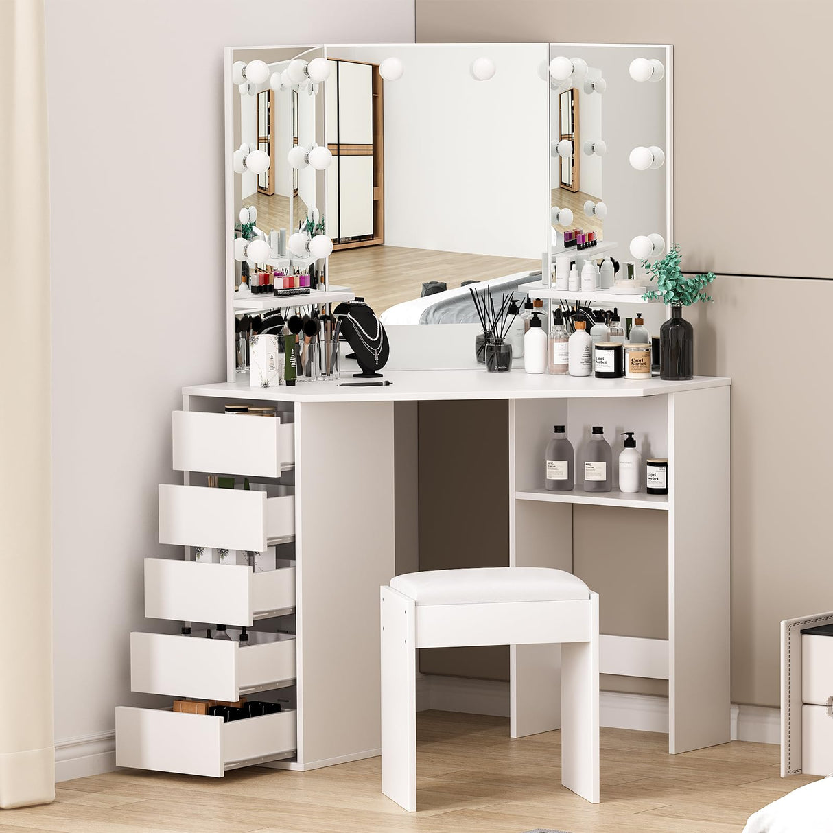 Wpond Corner Makeup Vanity Desk with Mirror and Lights - Adjustable LED Lighting, Spacious Storage, Built-in Charging, 5 Drawers, and Stool, White Wpond
