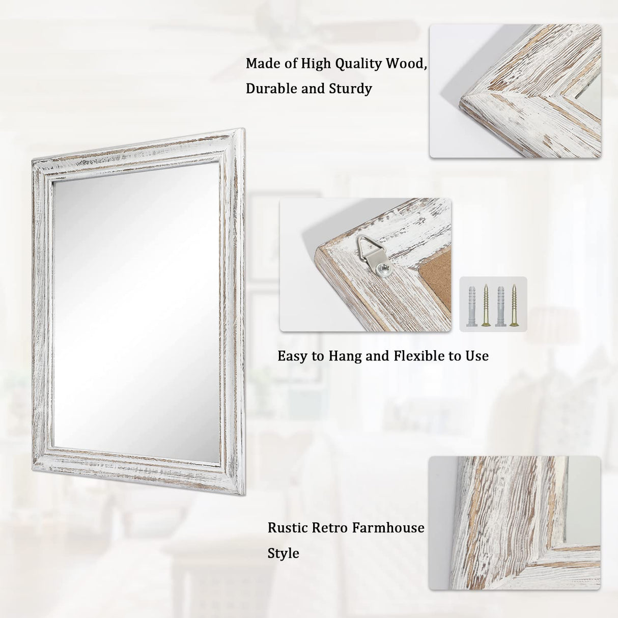 MWAZZLL Wall Mirror with Rustic Wood Frame Rectangle Mirrors for Wall Decorative Hanging Mirror for Bathroom Bedroom Farmhouse Living Room Small MWAZZLL