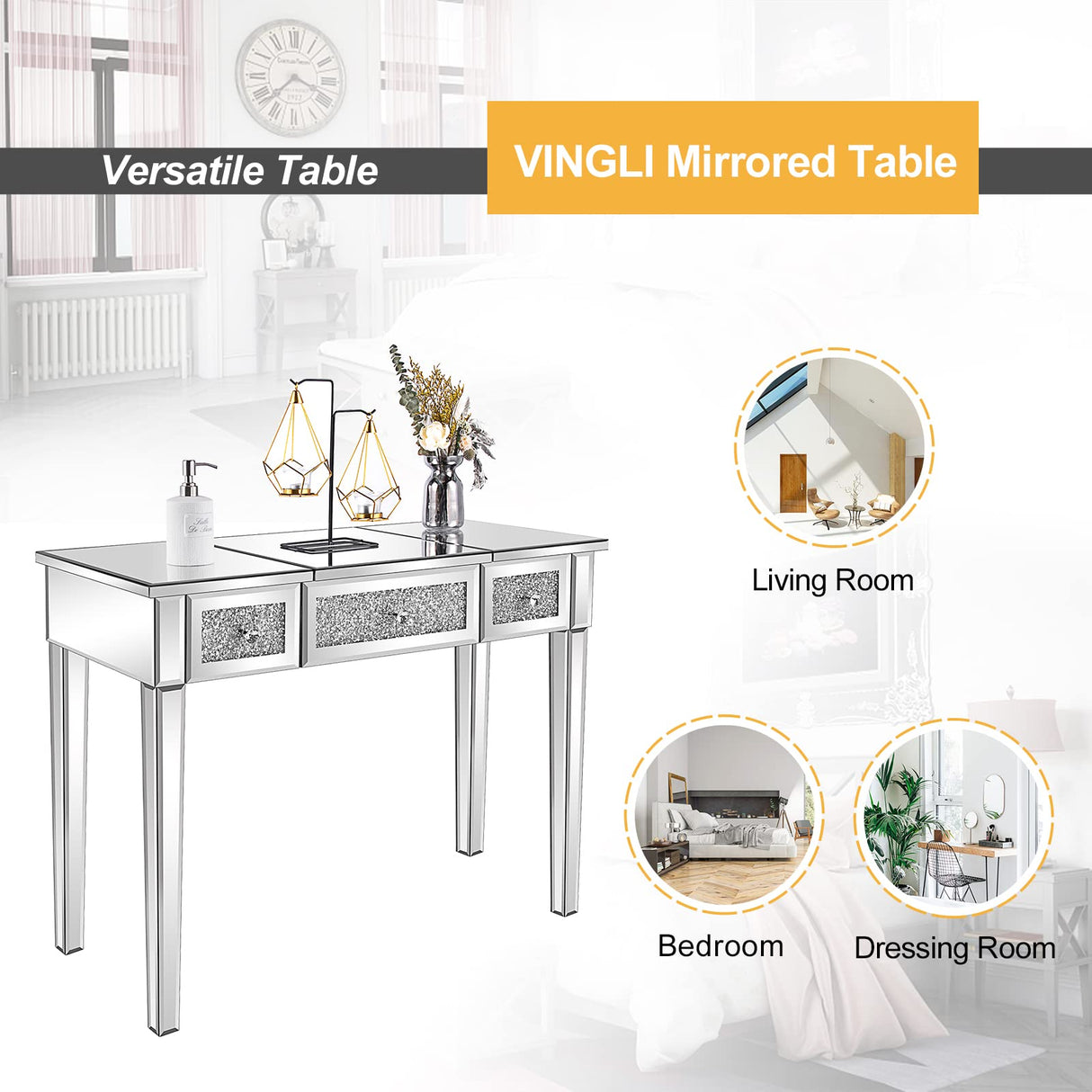 VINGLI Mirrored Vanity Desk with Drawers and Flip Mirror, Glass Vanity, Mirrored Vanity Table, Mirror Vanity Silver Desk, Mirrored Makeup Vanity Table for Bedroom/Makeup Room, Silver VINGLI