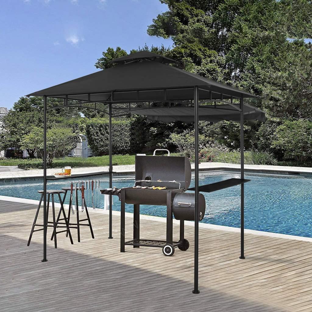 CHARMELEON Dark Grey Grill Gazebo, Double Tiered BBQ Gazebo, 5x8 Grill Canopy,Outdoor BBQ Canopy Tent with Stretchable Side Awning CHARMELEON