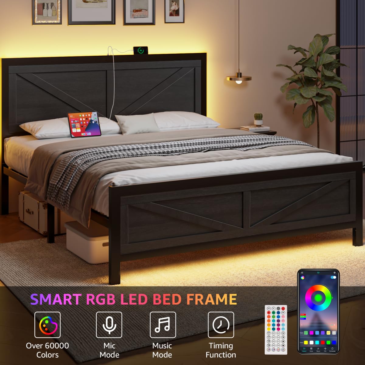 DOGIBIXO Led Bed Frame Queen Size with USB Charging Station, Industrial Platform Bed Frame with Farmhouse Barn Door Headboard, Strong Metal Slats Support, Noise Free, No Box Spring Needed, Black DOGIBIXO