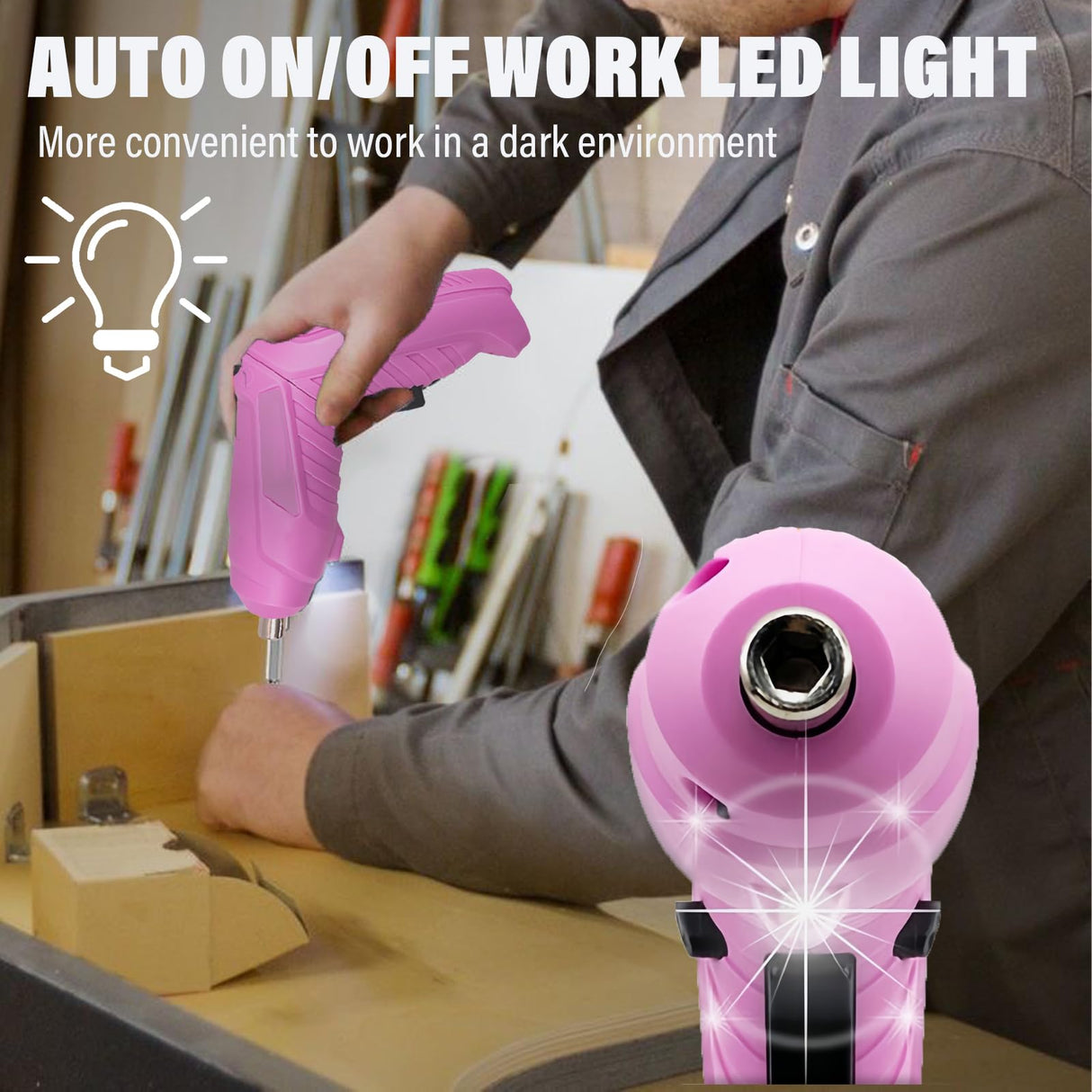 Electric Screwdriver Pink Power Drill Set for Women, 47-In-1 Screwdriver and Drill Set Rechargeable, Multifunctional Cordless 4V Electric Automatic Screwdriver Drill with Battery and Charger Home DIY Tsisixia