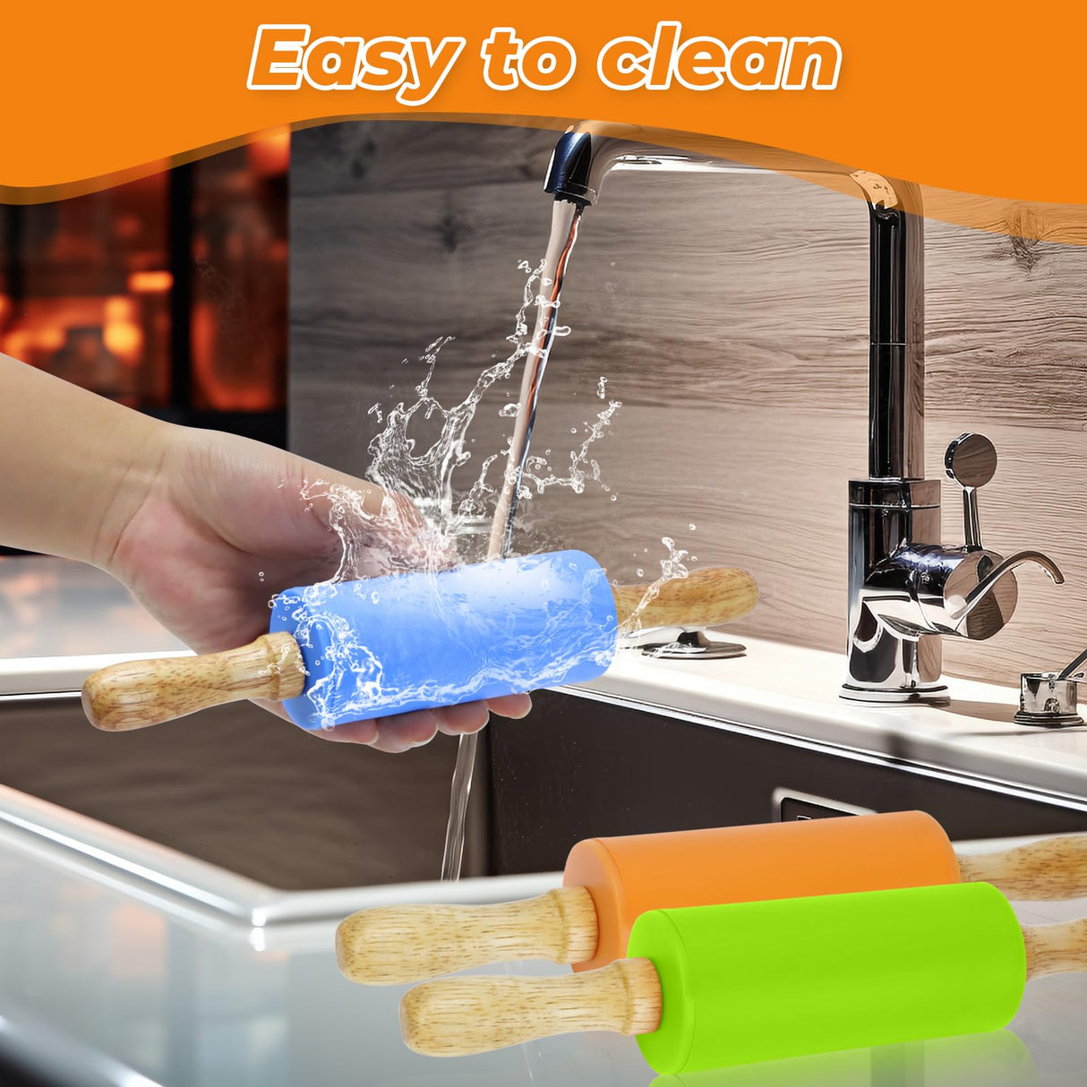 Faxco 4 Pack Mini Rolling Pin for Kids, 9 Inch Wooden Handle Rolling Pin Non-Stick Silicone Rolling Pins for Children Cake Baking Faxco