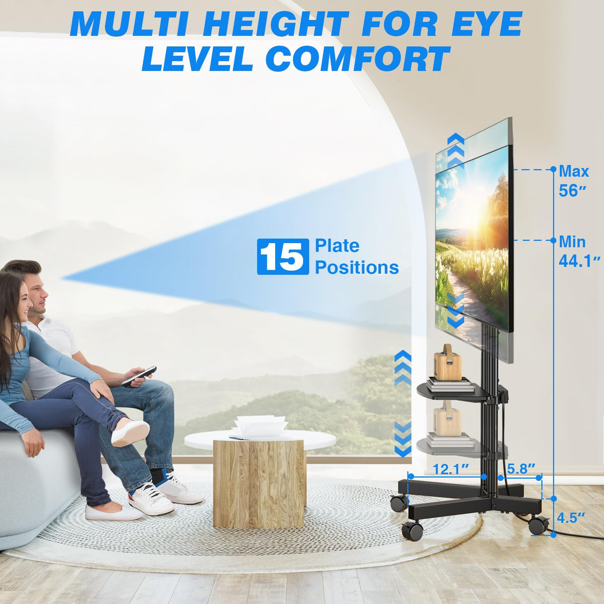 Rfiver Mobile TV Cart Rolling TV Stand with Power Outlet for 32-70 Inch Screens, Protable TV Stand on Wheels with Height Adjustment, Outdoor TV Stand Mount with Shelf Holds up to 88lbs for Home Office Rfiver