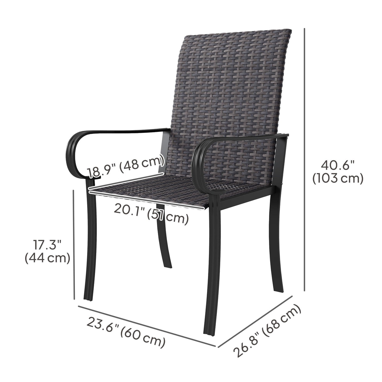 Outsunny Set of 2 Outdoor Wicker Dining Chairs, All-Weather Rattan Armchairs with Armrests, Steel Frame, High Back and Deep Seating, for Garden, Patio, Deck, Yard, Poolside, Brown Outsunny