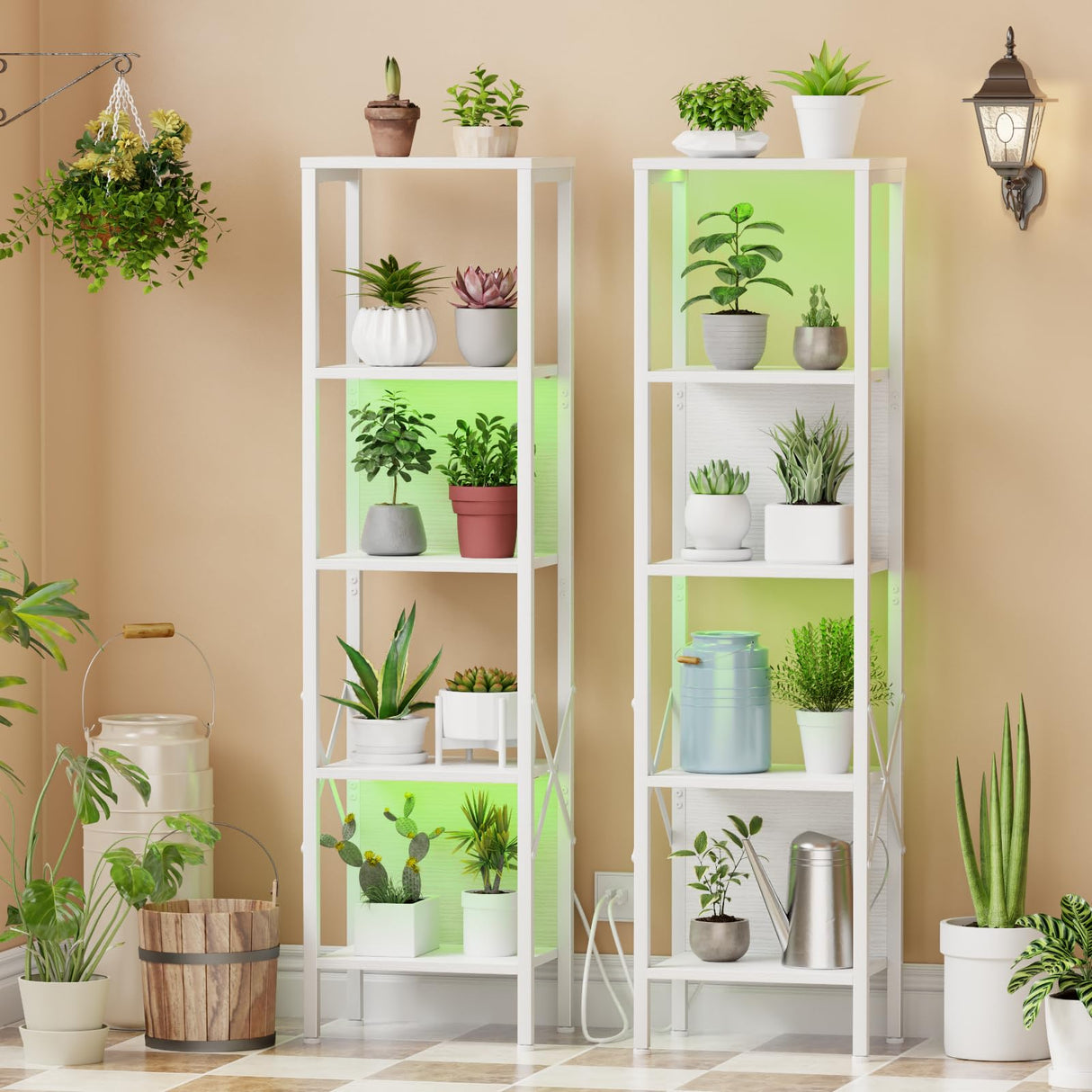 Furologee Bookshelf with LED Lights, 5 Tier Display Shelf with Back, Tall Narrow Bookcase, Modern Corner Standing Shelves, Metal and Wooden Storage Rack for Bedroom, Living Room, Office, White Furologee