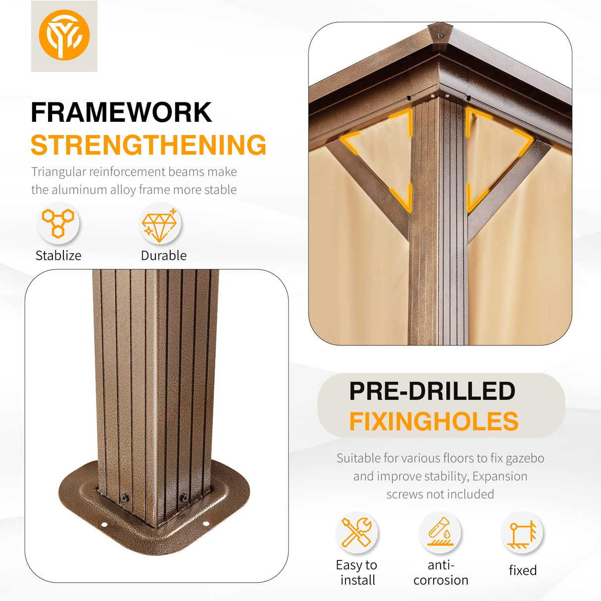 YOLENY 12' x 14' Hardtop Gazebo, Galvanized Steel Metal Double Roof Aluminum Frame Gazebo with Curtain and Netting, Permanent Pavilion Pergola for Outdoor, Patio, Garden, Lawn, Pool Side, Brown YOLENY