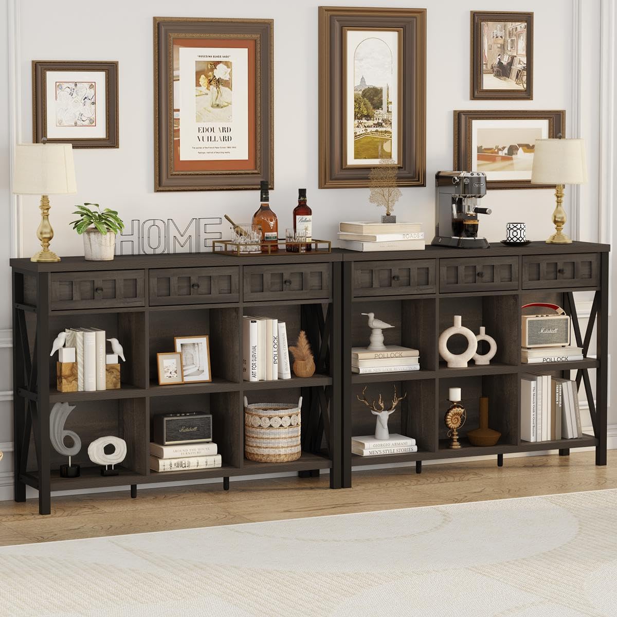 FATORRI Rustic 6 Cube Storage Organizer Bookshelf with 3 Drawers, Short Low Horizontal Bookshelf for Living Room, Industrial Wood and Metal Cubby Bookcase for Home Office (Walnut Brown, 47 Inch) FATORRI