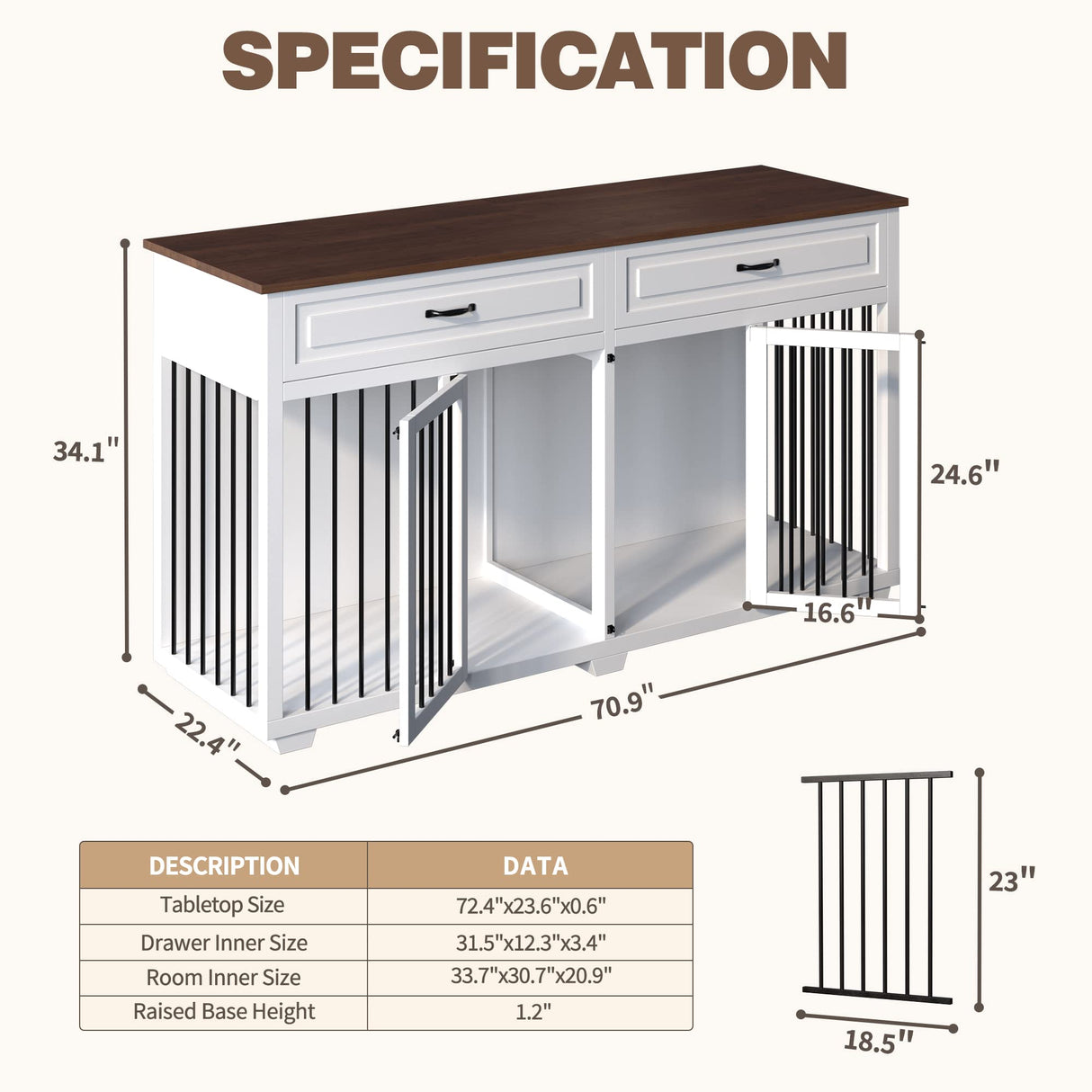 Lovinouse Large Dog Crate Furniture, 72.4" Wooden Dog Crate Kennel with 2 Drawers and Divider, XXL Heavy Duty Dog Crates Cage Furniture for Large Dog or 2 Medium Dogs Indoor, White Lovinouse