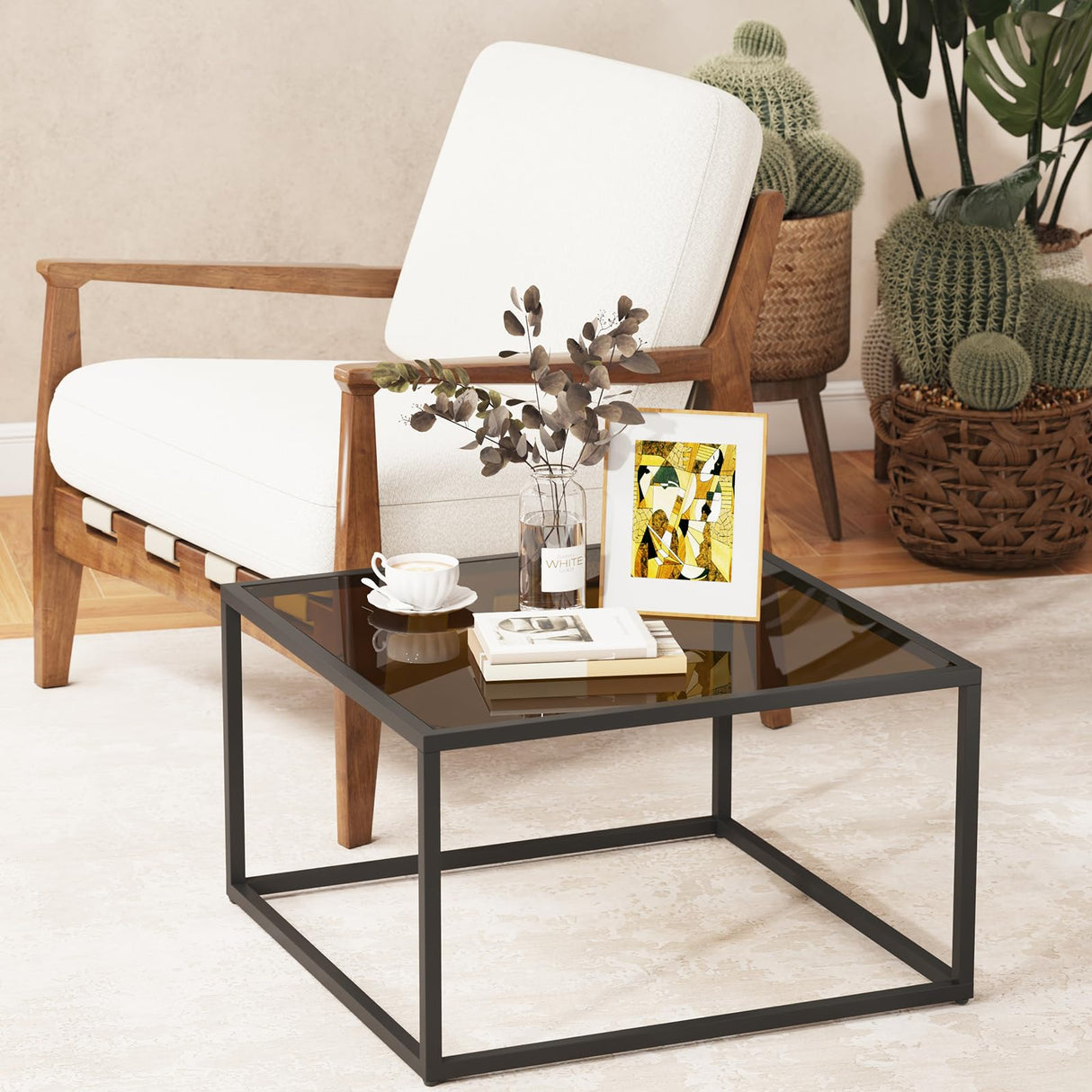 YMYNY Glass Coffee Table, Tempered Glass Square Coffee Tables with Metal Frame, Unique Modern Table for Living Room Home Office 26.77" x 26.77" x 15.75", Dark Brown, UHCT001T YMYNY