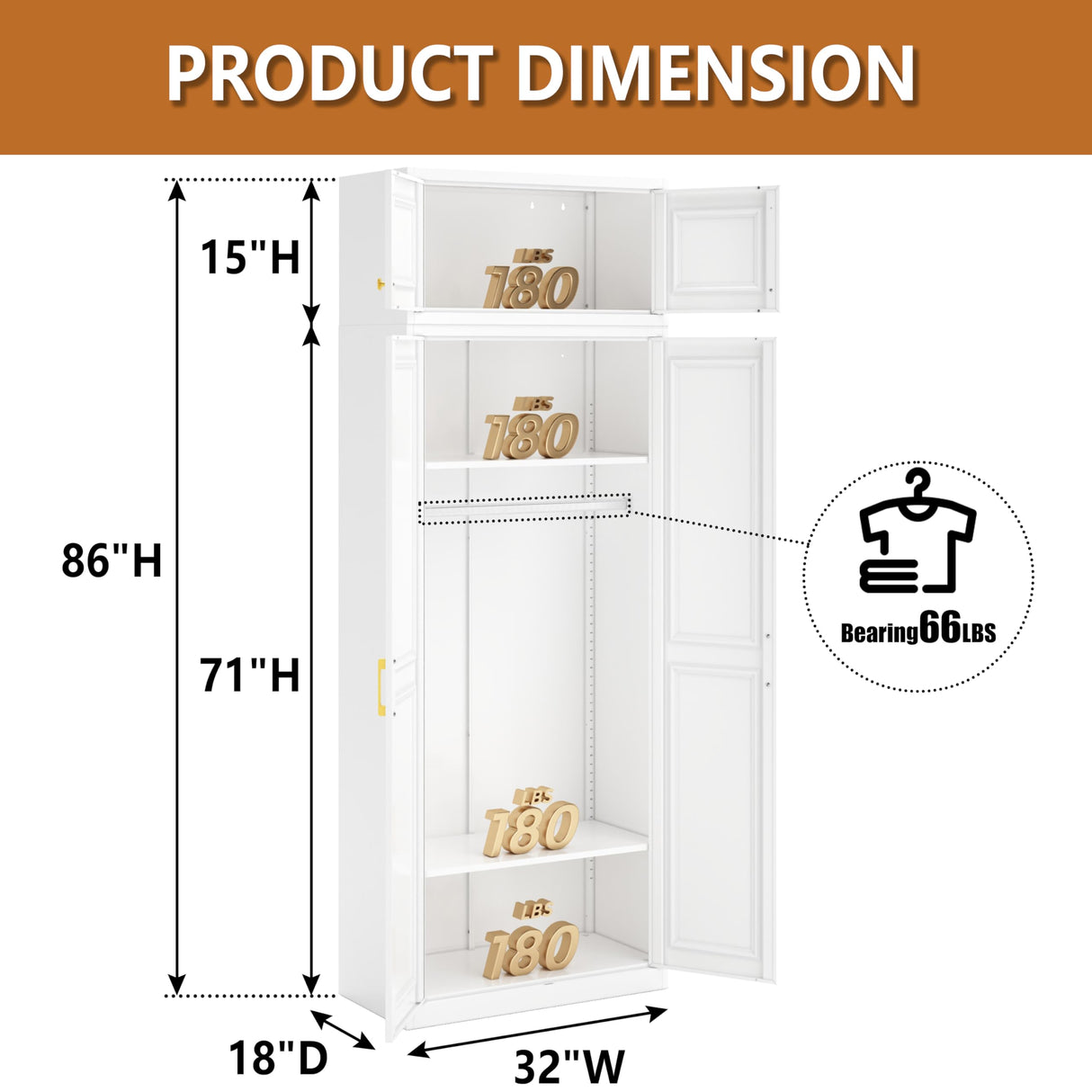Polup Metal Armoire Closet, 86 Inch Tall Wardrobe Armoire with Hanging Rod, Almirah for Clothes with Doors, 18" D x 32" W x 86" H, White, Assemble Required, Shipped in Two Packages Polup