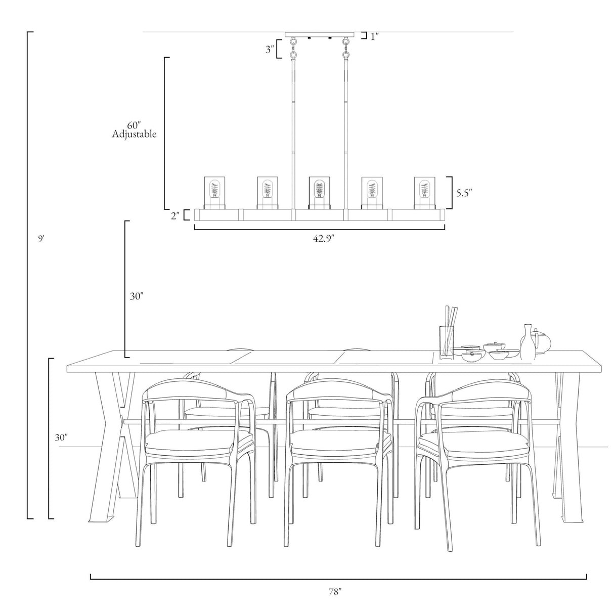 LALUZ 5-Light Kitchen Island Lighting, Farmhouse Wood Linear Dining Room Chandelier Over Table with Seeded Glass Shade, 42.9'' Large Rustic Wooden Chandeliers Light Fixtures for Dining Room LALUZ