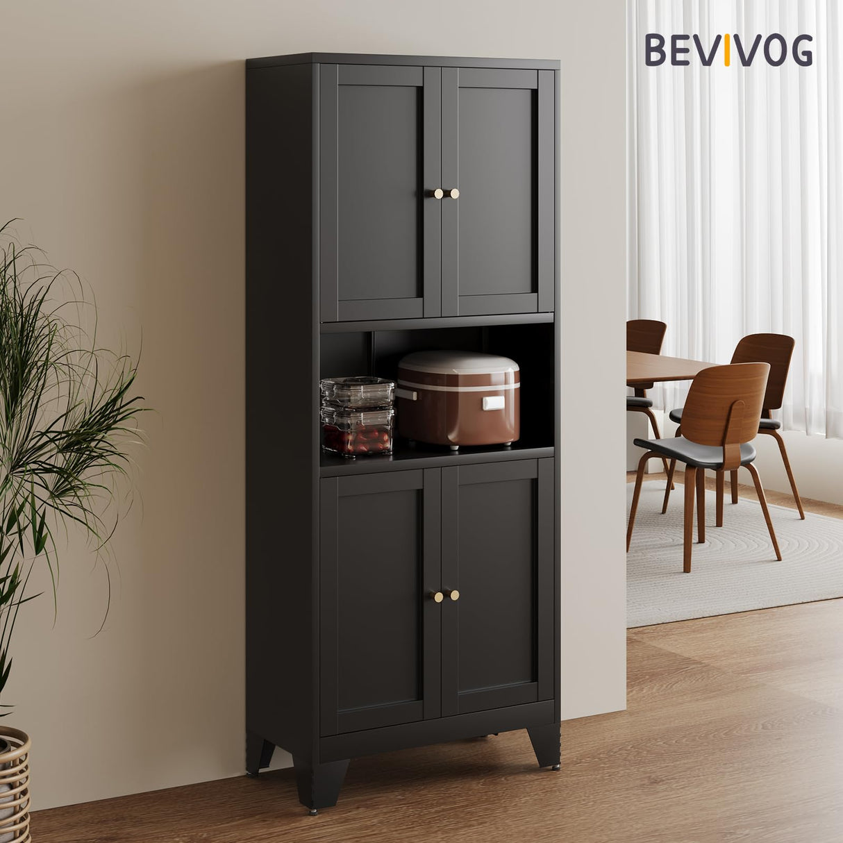 Bevivog 69" Pantry Cabinet,Tall Metal Storage Cabinet with Doors and Adjustable Shelves,High Freestanding Cupboard Locker for Kitchen,Dining Room,Living Room,Office,Black Bevivog
