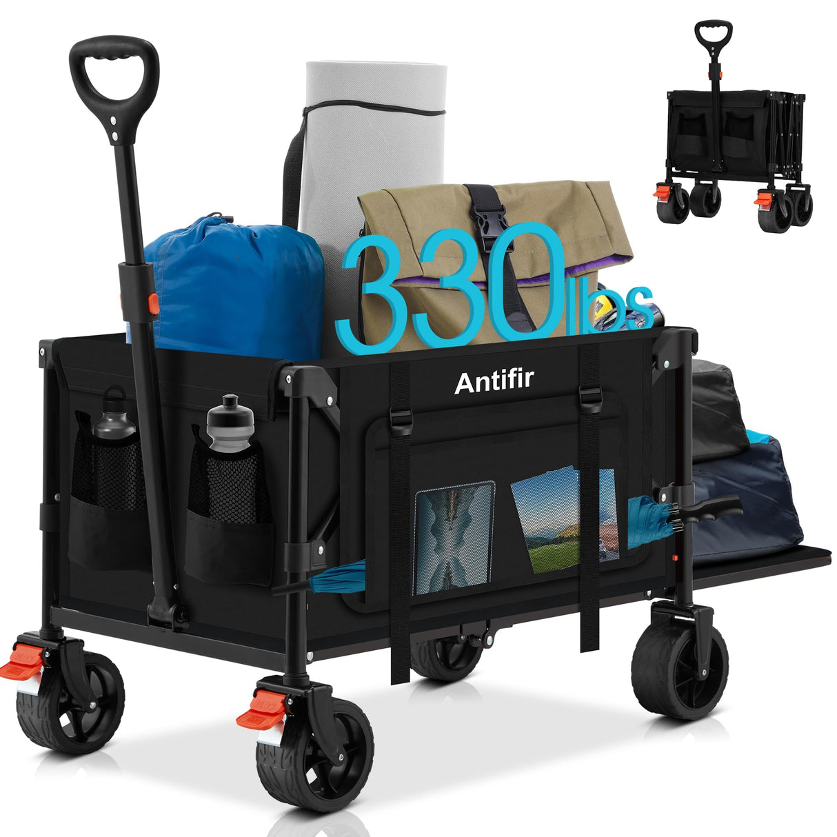 Collapsible Folding Wagon Cart with Tailgate,330LBS Resting Weight Capacity Beach Wagon with All-Terrain Big Wheels,Heavy Duty Foldable Utility Wagon Cart for Groceries,Sports,Shopping,Camping,Black Antifir