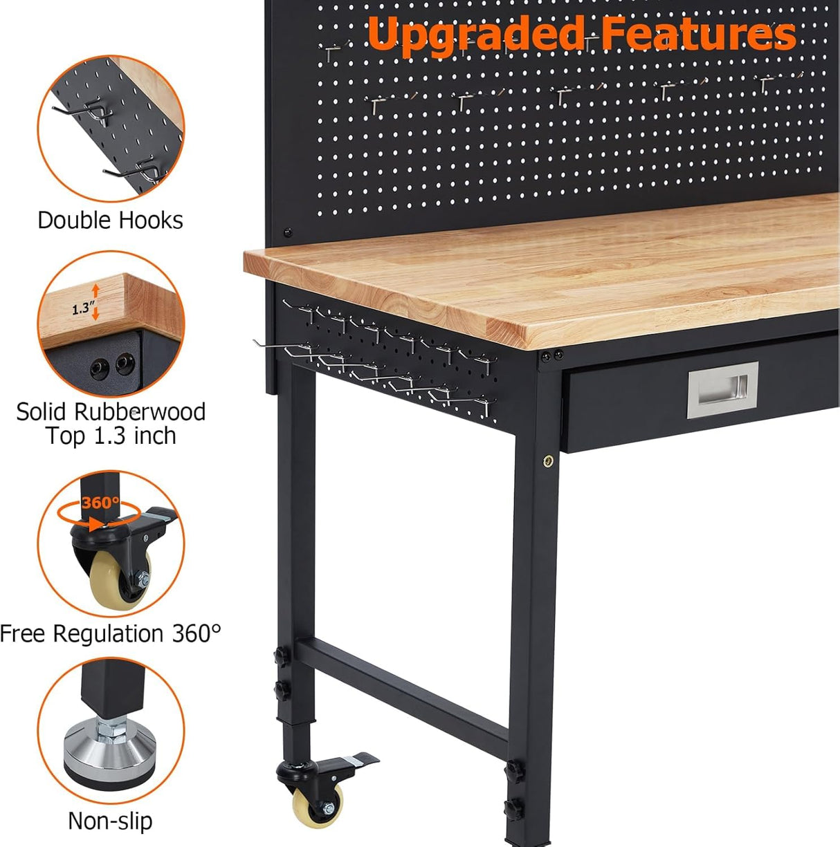 Workbench Adjustable Height 48" x 24" Worktable, Heavy Duty Rubber Wood Top Workbench with Drawer Storage Pegboard, 2000LBS Load Capacity, Tool Storage Workstation with Power Outlets & Lockable Wheels Euker