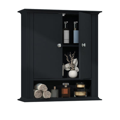 UYIHOME Wall Cabinet Over Toilet, Wall Mounted, Wooden Storage Cabinet with 2 Doors, Hanging Storage Cabinet Over Toilet, Upper Cabinet Storage Cupboard for Kitchen Laundry Room, Black