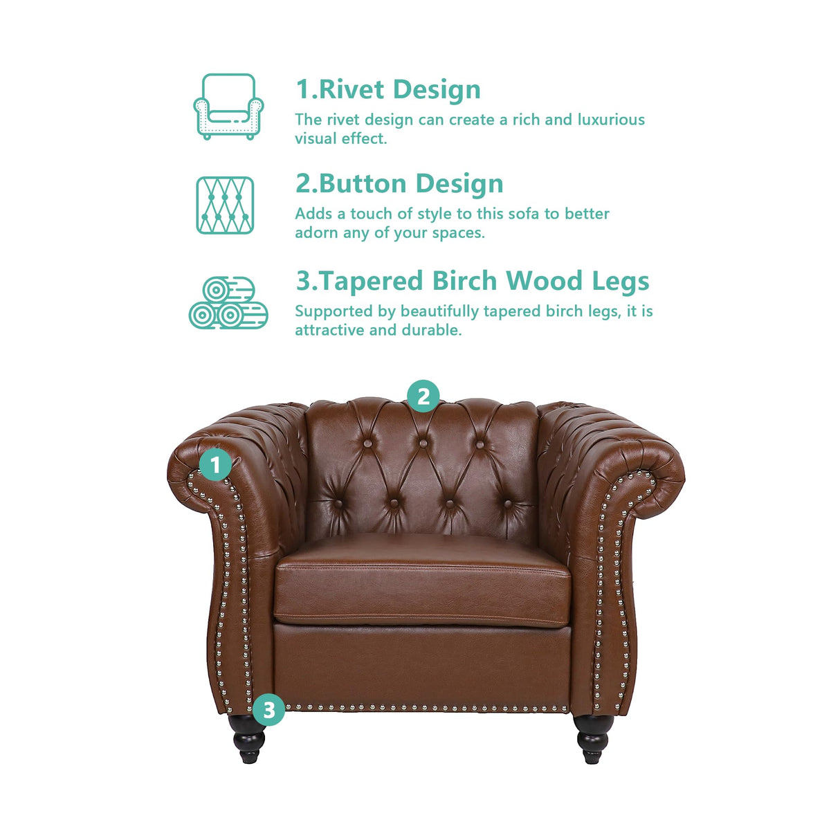 QHITTY 3 Piece Living Room Set, Sectional Chesterfield Sofa Chair Contemporary Upholstered Leather Loveseat Couch Sets for Living Room, Bedroom, Office QHITTY