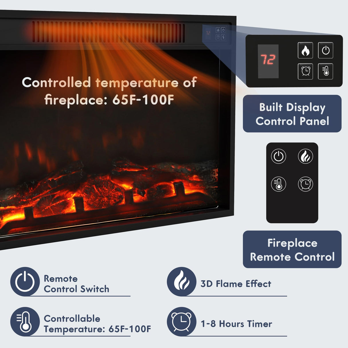 Furniwell Fireplace TV Stand for 65 Inch TV, Media Entertainment Center Console Table with 26" Electric Fireplace, Farmhouse TV Stand with Storage Cabinet for Living Room (Black) Furniwell