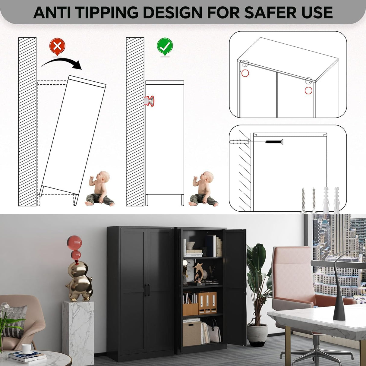 MIOCASA Metal Pantry Cabinet with Adjustable Shelves, Heavy-Duty Metal Storage Cabinet with 2 Doors Organizer for Kitchen, Office, Garage (Black) MIOCASA