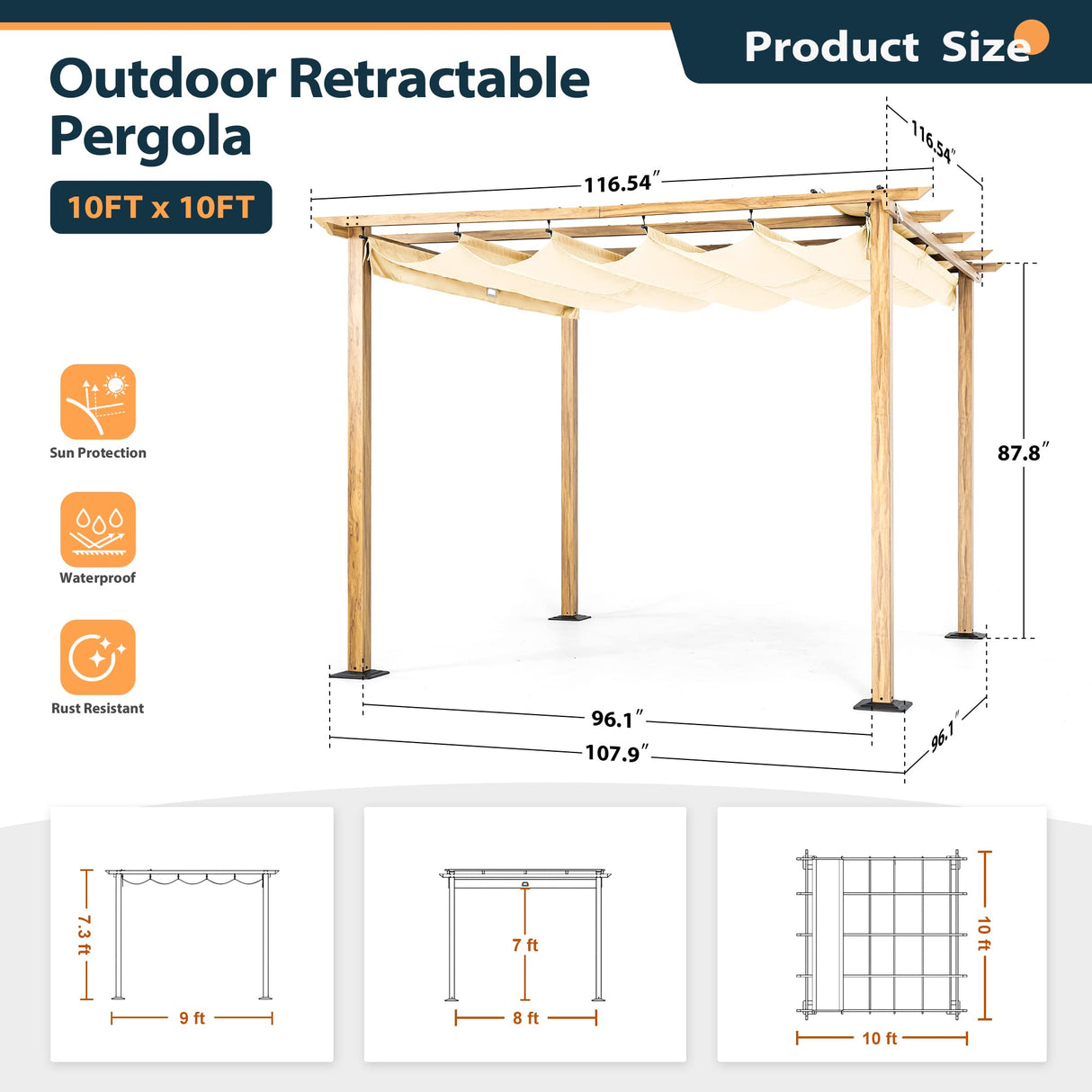 HAPPATIO 10' X 10' Pergola Retractable Pergola Canopy for Backyard, Garden, Patio; Woodgrain-Look Aluminum Pergola with Retractable Pergola Canopy, Includes Anchors and Expansion Screws (Beige) HAPPATIO