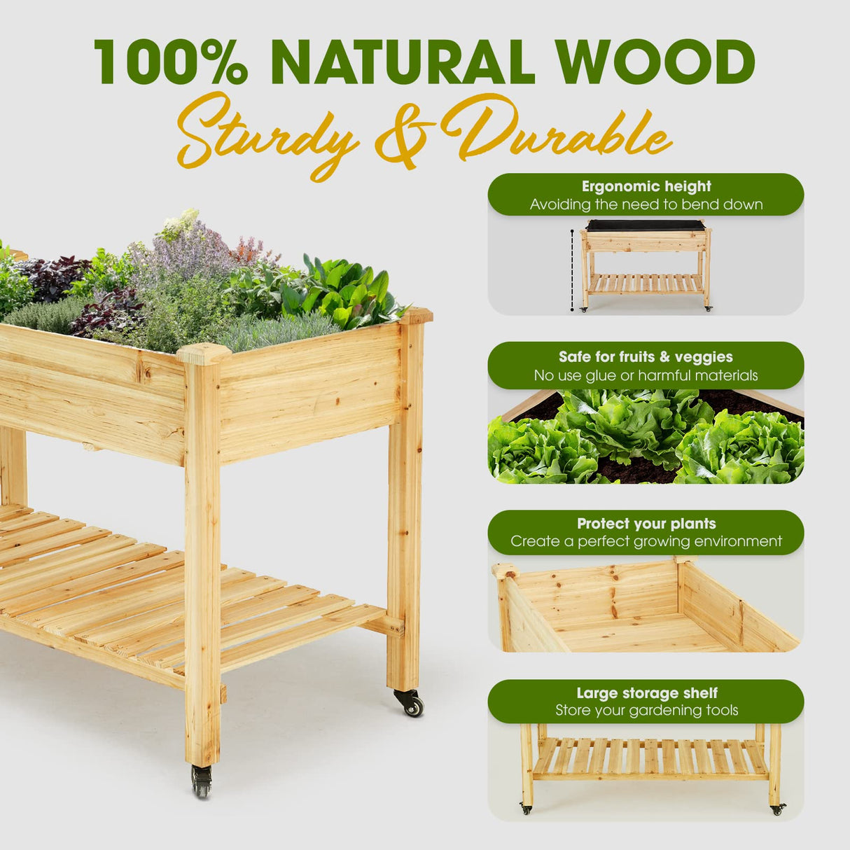 Idzo Raised Garden Bed with Legs, Durable Elevated Garden Box with Wax Oil Coated, 48x24x32in Wood Planter with Big Planter Box Load Up to 260 Pounds, Ergonomic Height for Convenient Plants Care IDZO
