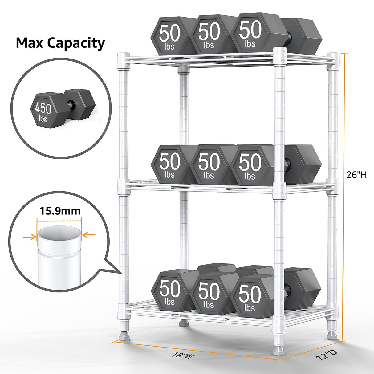 M MZG 450 lbs Wire Storage Shelving 3-Tier Utility Shelving Unit Steel Organizer Wire Rack for Home,Kitchen,Office,White (11.8" D x 17.7" W x 26.3" H) M MZG