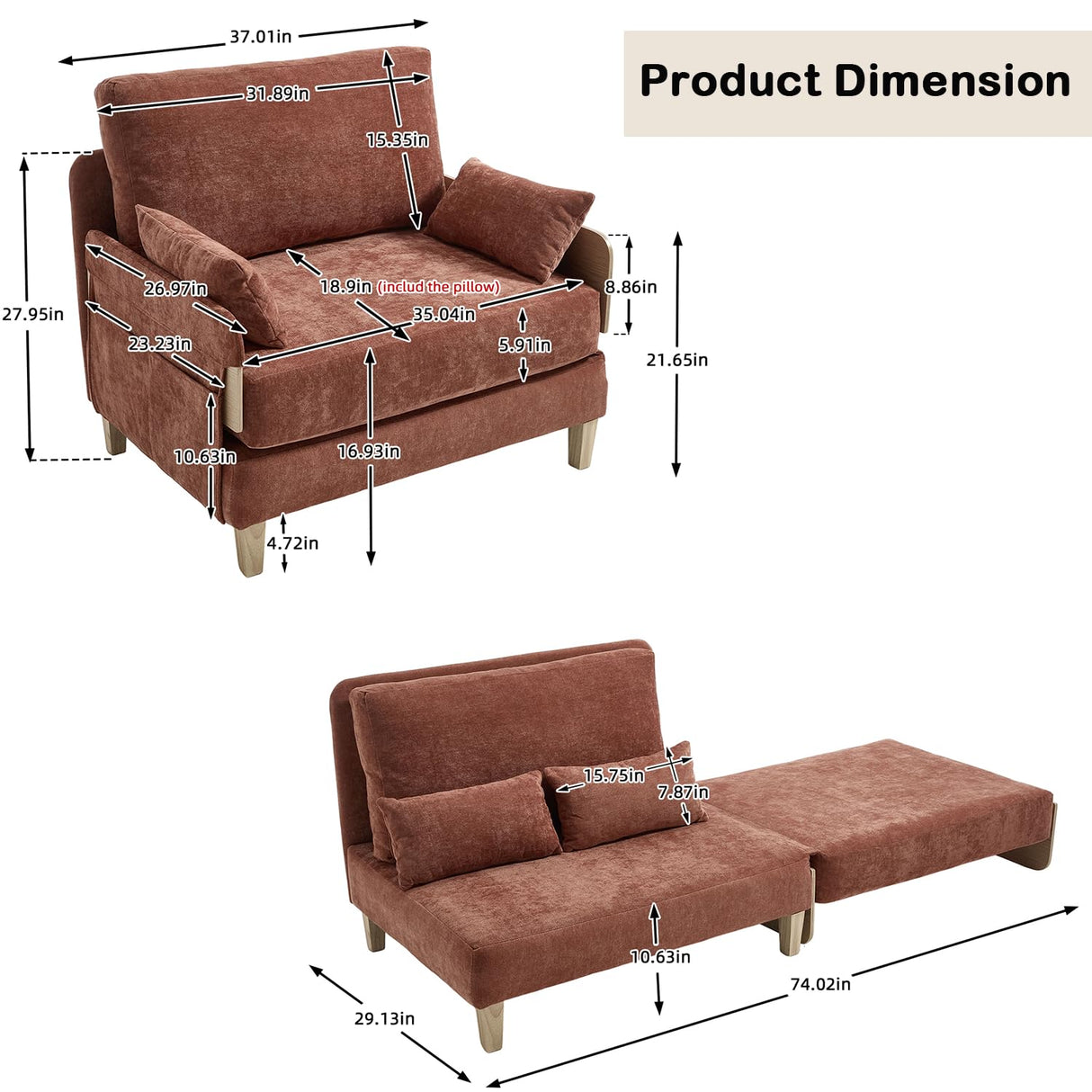 Lin-Utrend Convertible Sofa Bed with Wooden Arms,Convertable Single Sofa Futon Chair for Small Spaces,Foldable Sleeper Chair Bed for Living Room, Bedroom,Office (Orange) Lin-Utrend