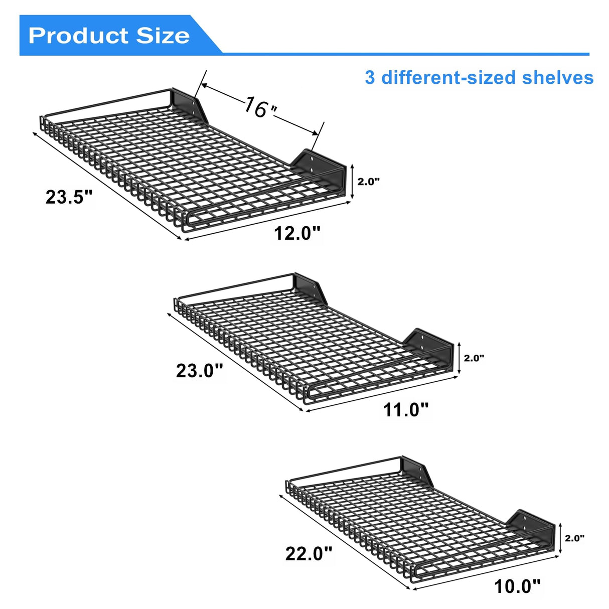 TORACK Wall-Mounted Storage Shelves, Mixed-Size Garage Shelving for Closet & Laundry Room, Heavy-Duty Wall Shelf Holds Up to 65 lbs(Black) TORACK