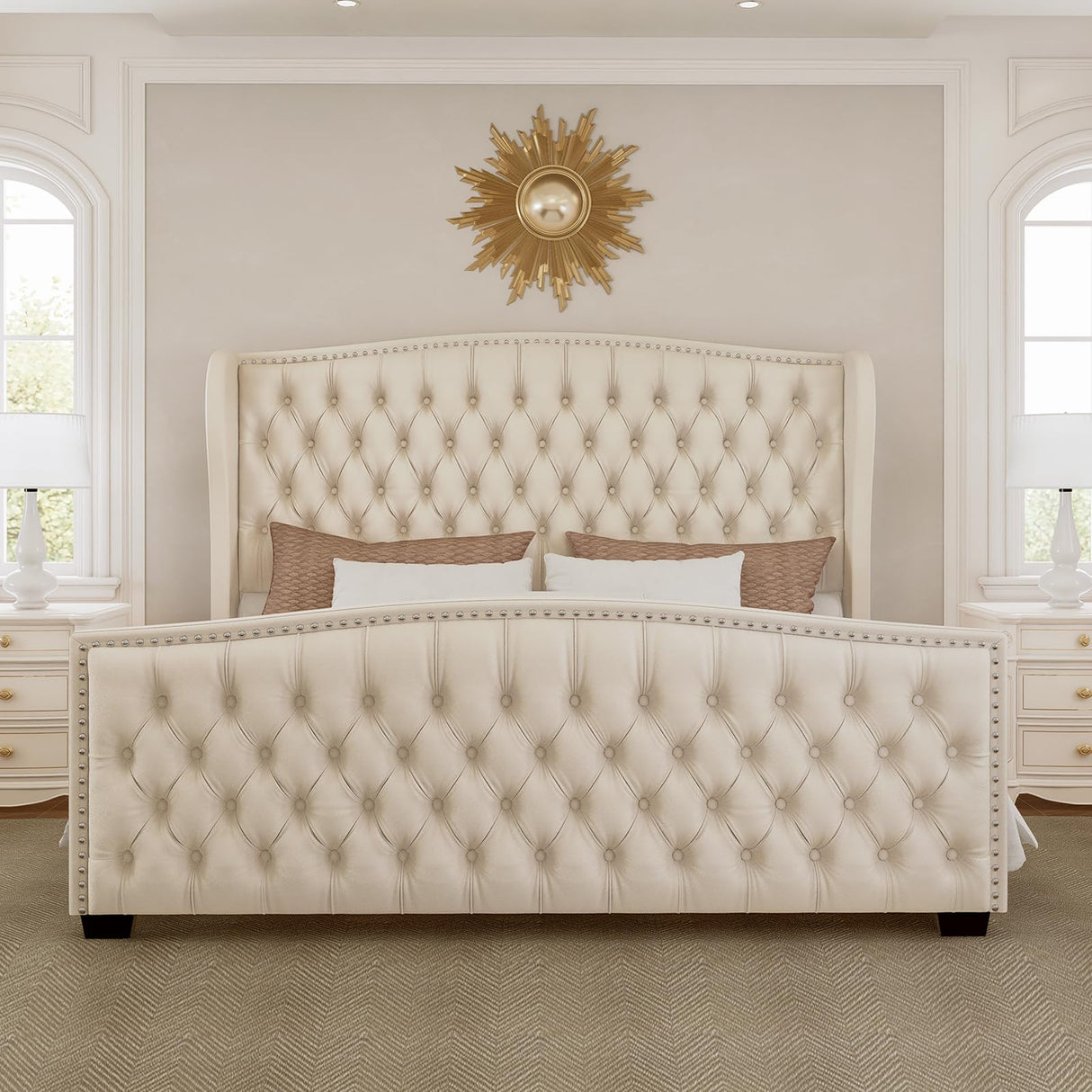 LUXOAK Queen Platform Bed Frame with Wingback Headboard, Velvet Upholstered Bed Frame with Handmade Button Tufted & Nailhead, Wooden Slats Support, Cream LUXOAK
