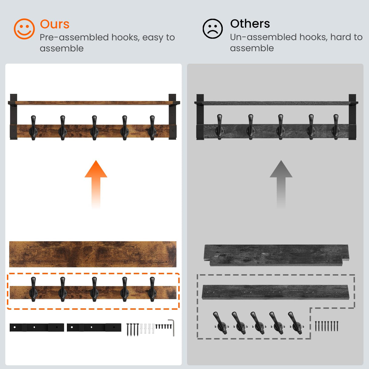 Homode Coat Rack Wall Mount, 29 Inch Long Shelf with Hooks, Wood Entryway Shelf with 5 Hangers for Hanging Hat Jacket Backpack Purse, Rustic Brown Black Homode