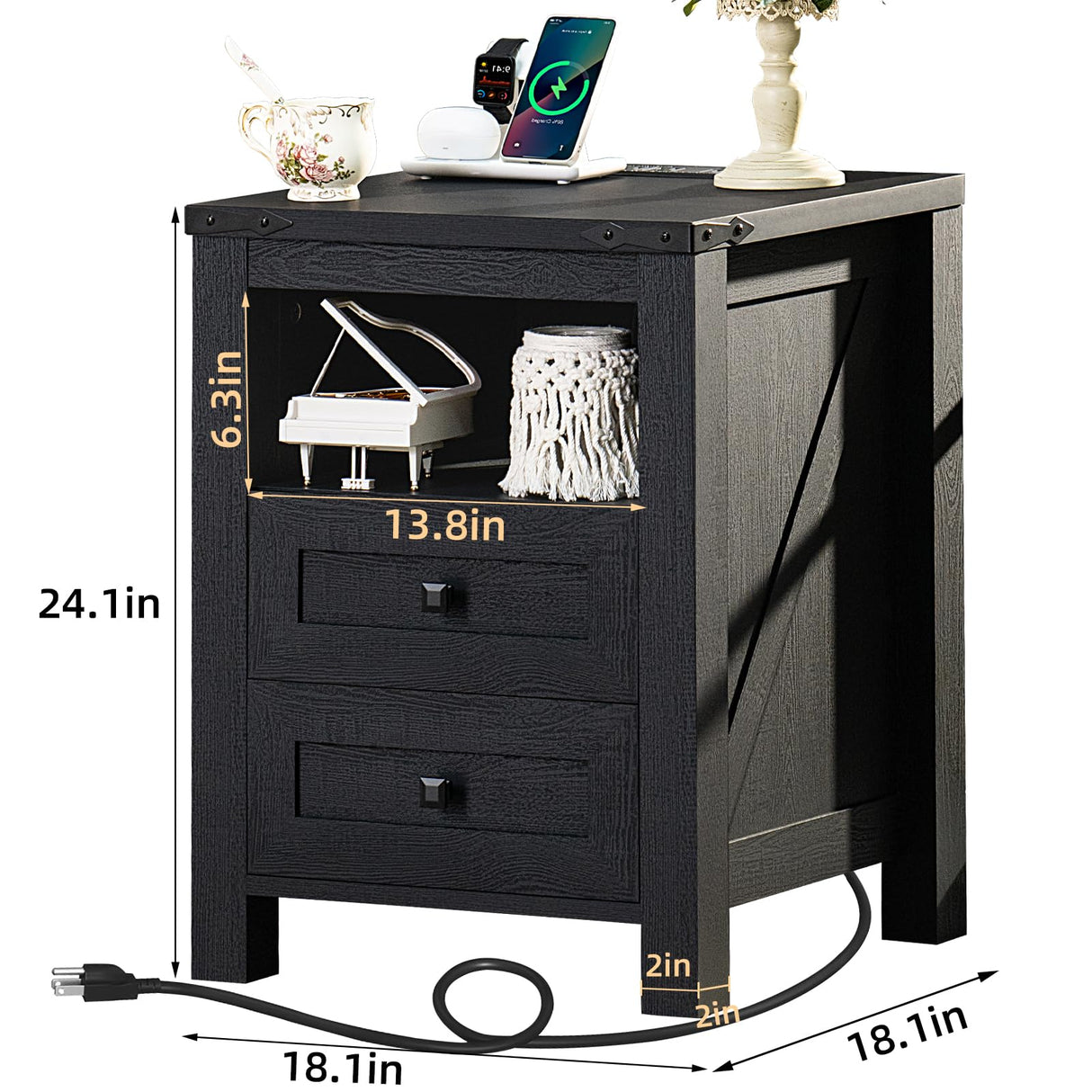 Joaxswe Nightstand with Charging Station and USB Port, Farmhouse Night Stand with 2 Drawers and Shelf Storage, Wooden Side End Table, Bedside Cabinet for Bedroom, Living Room, Closet,Office (Black) Joaxswe