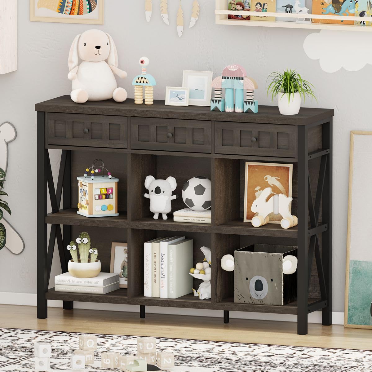 FATORRI Rustic 6 Cube Storage Organizer Bookshelf with 3 Drawers, Short Low Horizontal Bookshelf for Living Room, Industrial Wood and Metal Cubby Bookcase for Home Office (Walnut Brown, 47 Inch) FATORRI