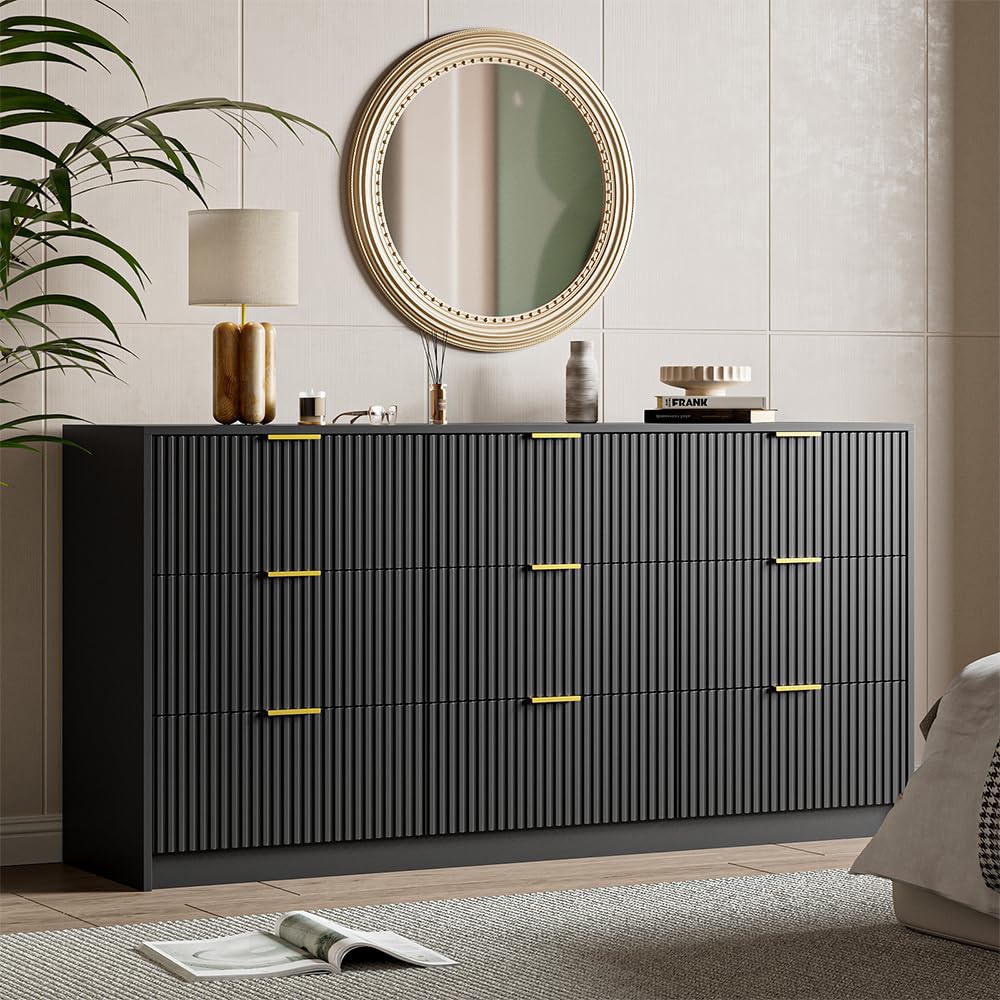 MAISONARIA Black Dresser for Bedroom, 9 Drawer Double Dresser, Modern Chest of Drawers for Bedroom, Living Room, Entryway and Closet, 63" L x 15.7" D x 31.5" H MAISONARIA