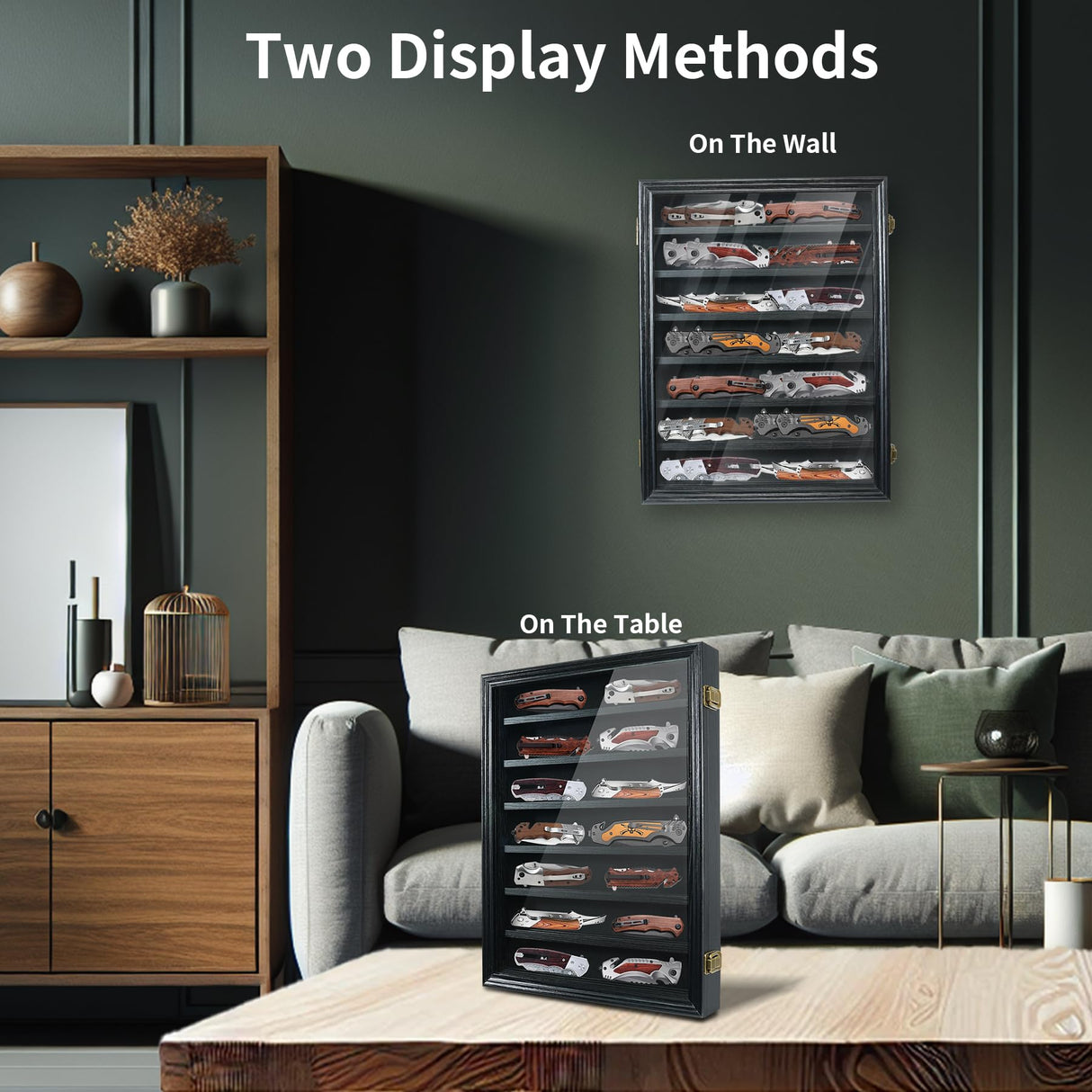 YRCKUDZKG Knife Display Case for Collections, Pocket Knife Display Case with HD Tempered Glass, Lockable Storage Cases with Removable Shelves, Wall-Mounted 7-Layer Wood Cabinet, Black YRCKUDZKG