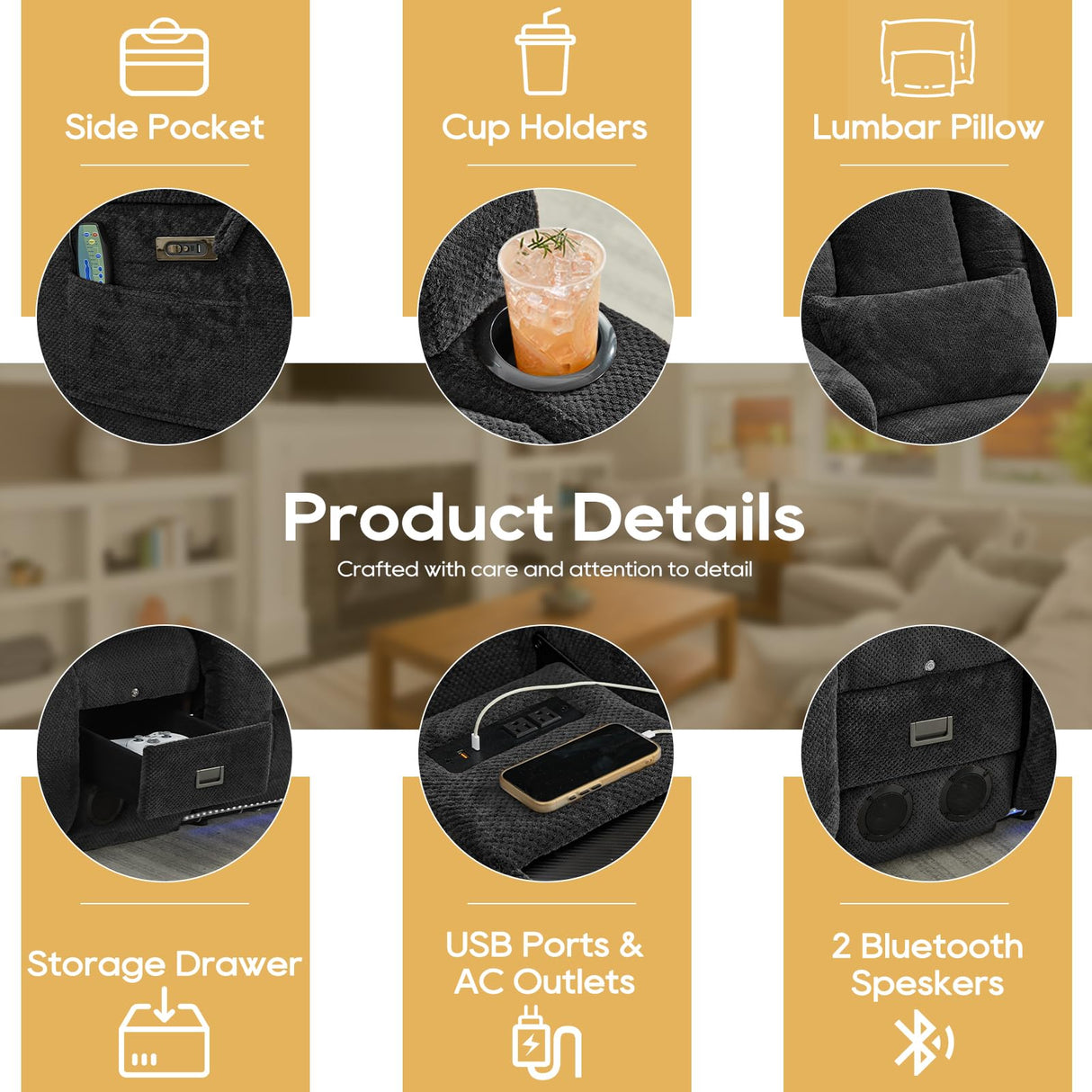 IPKIG Power Loveseat Recliner Sofa with Flip-Up Backrest Console, Drawer, AC Outlet, LED Light, Bluetooth Speakers, Wall Hugger Recliners for Living Room, RV, Home Theater (Charcoal, Loveseat) IPKIG