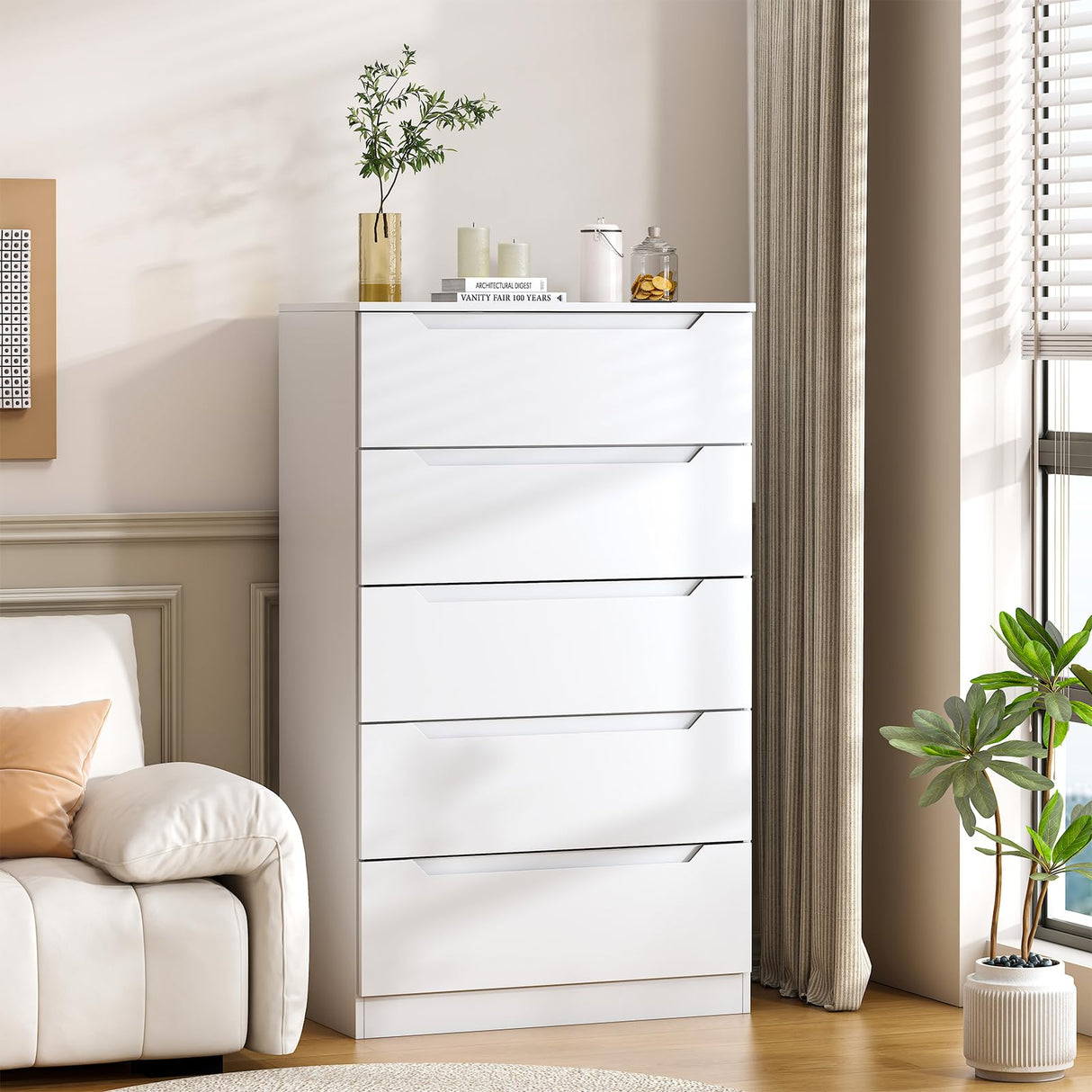 Winkalon White 5 Drawer Dresser for Bedroom, 48" H Tall Modern Chest of Drawers, Wood Storage Dresser with Deep Drawers for Living Room Hallway Entryway, White Winkalon
